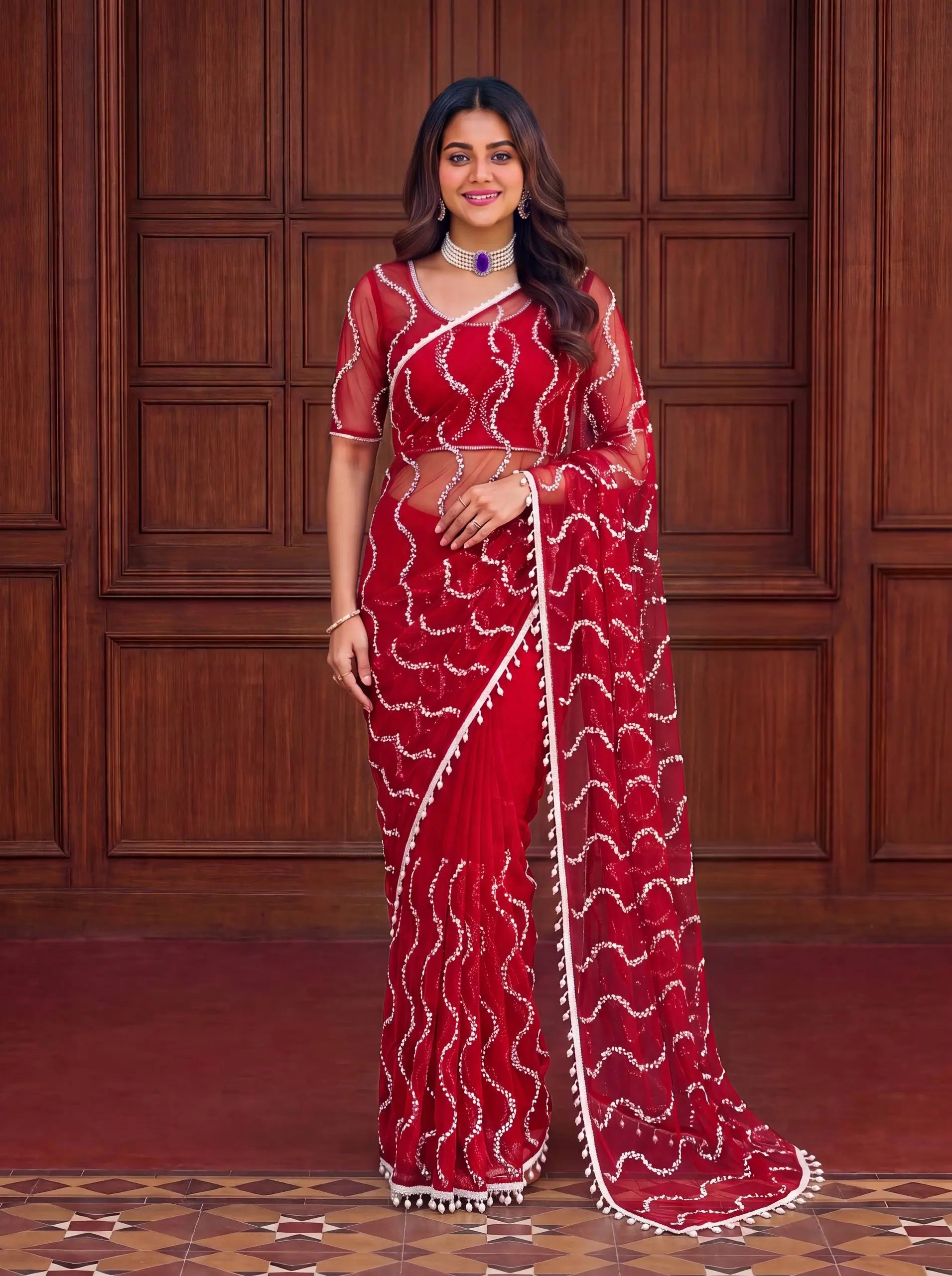 Shop Net Embroidered Saree with Beads Sequence Pearls Work for Wedding Party Festive Wear