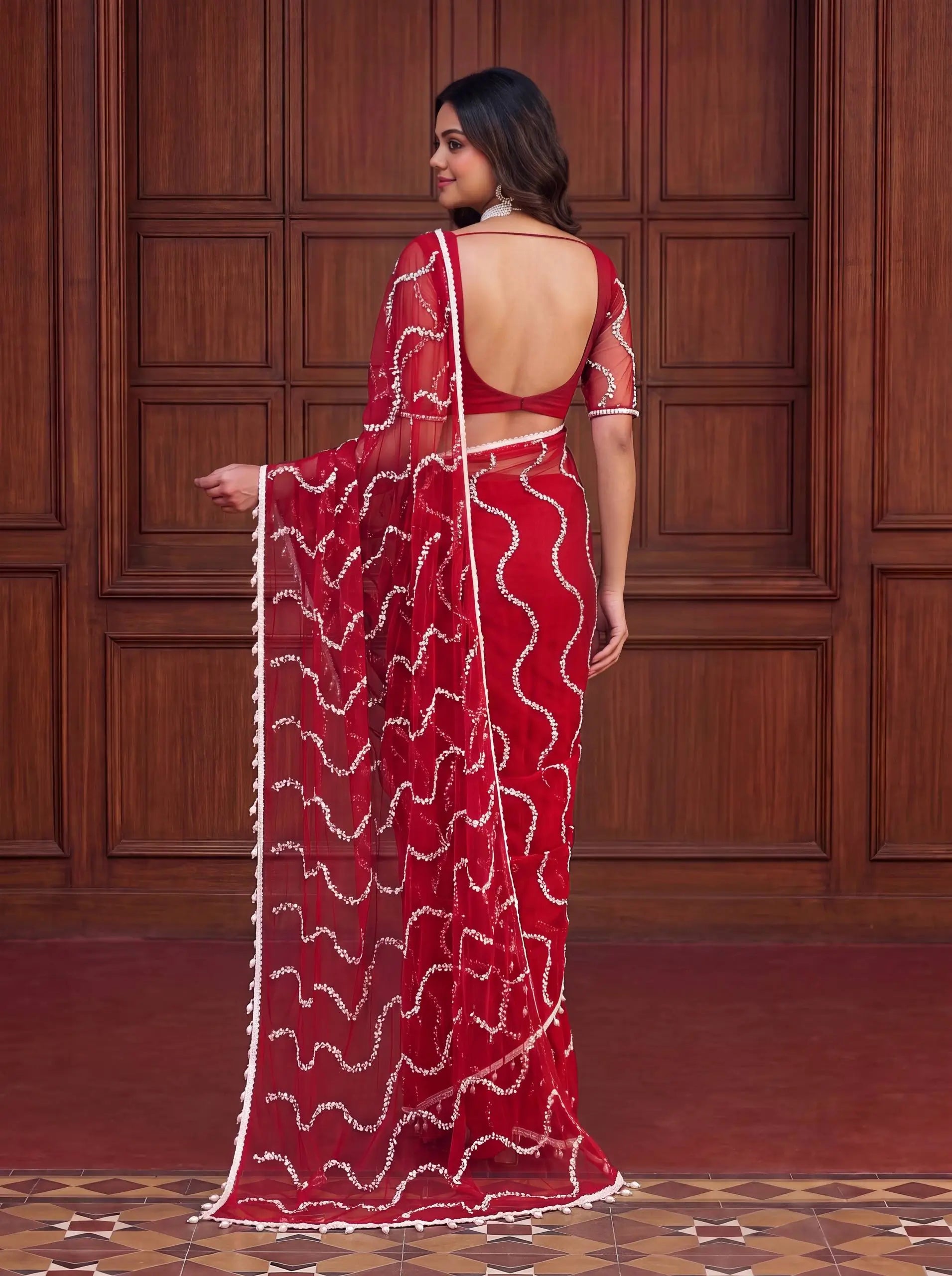 Shop Net Embroidered Saree with Beads Sequence Pearls Work for Wedding Party Festive Wear