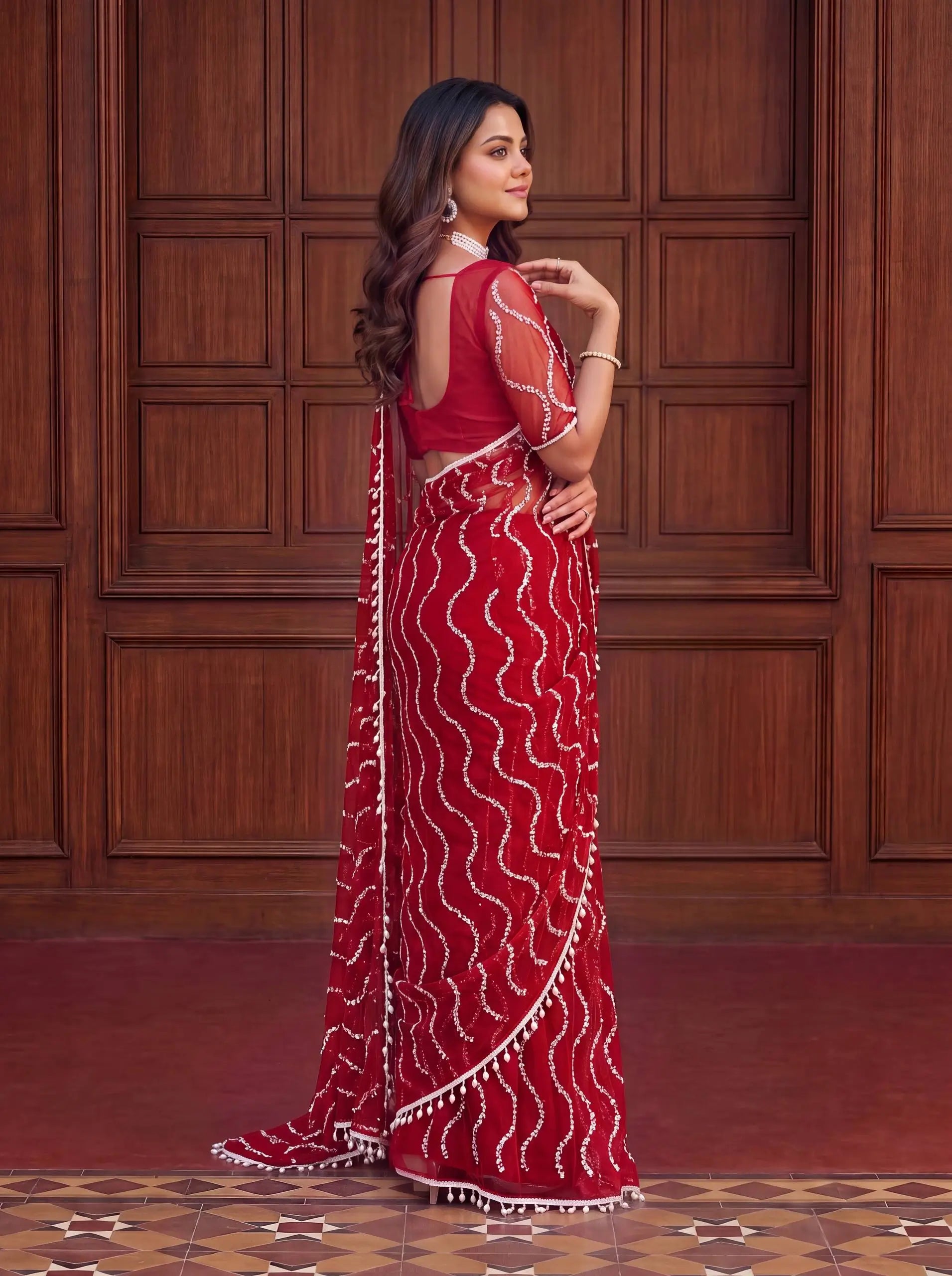 Shop Net Embroidered Saree with Beads Sequence Pearls Work for Wedding Party Festive Wear