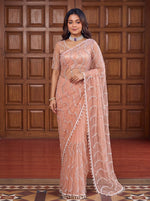 Shop Net Embroidered Saree with Beads Sequence Pearls Work for Wedding Party Festive Wear