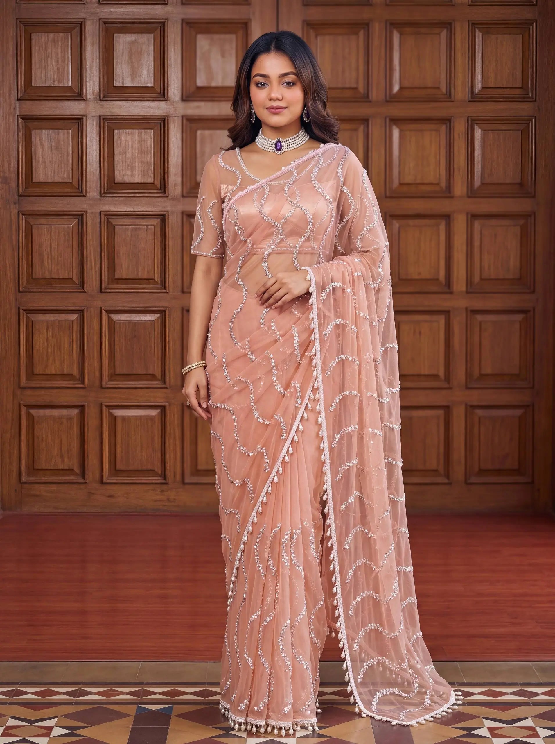 Shop Net Embroidered Saree with Beads Sequence Pearls Work for Wedding Party Festive Wear