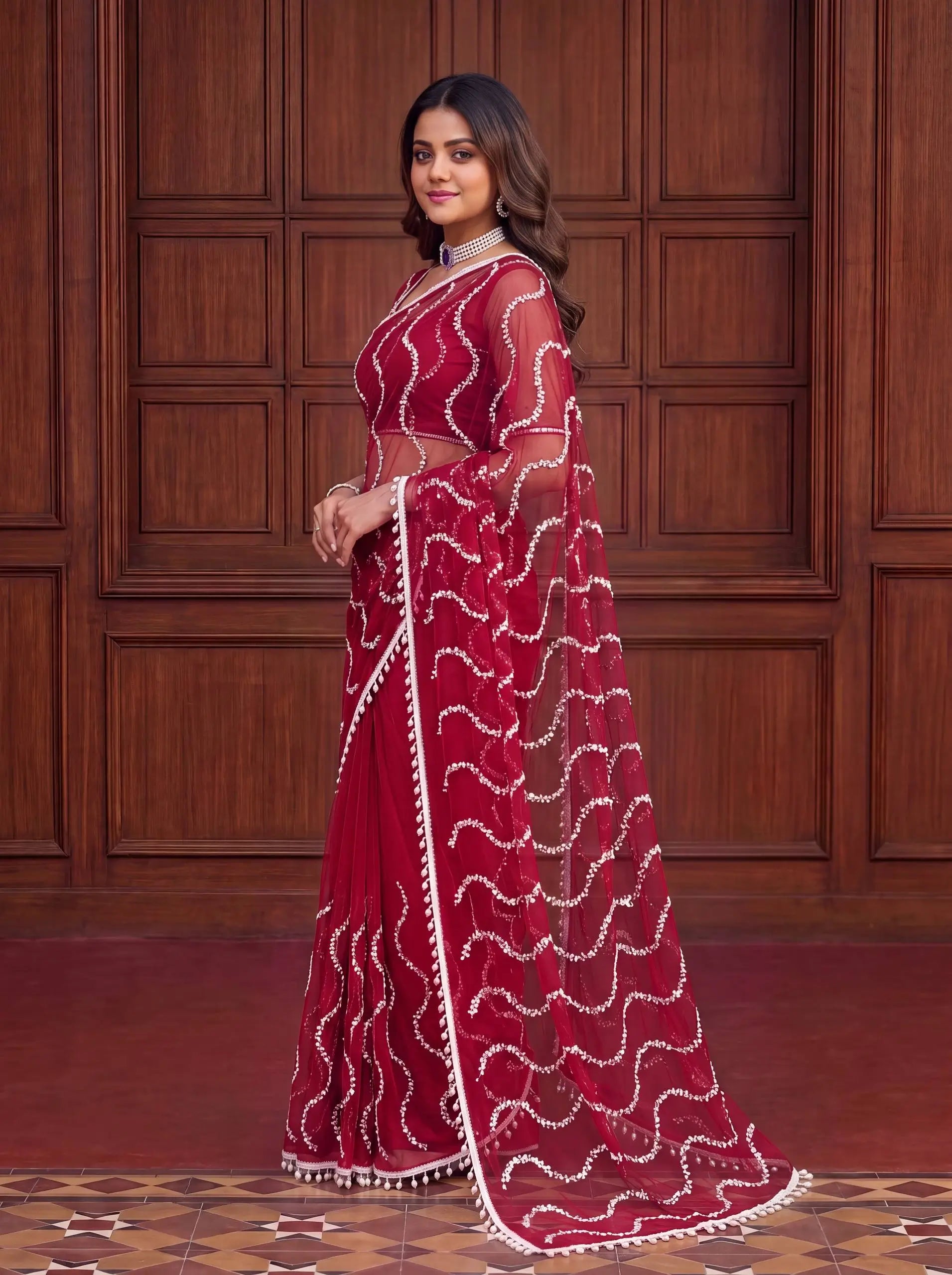Shop Net Embroidered Saree with Beads Sequence Pearls Work for Wedding Party Festive Wear