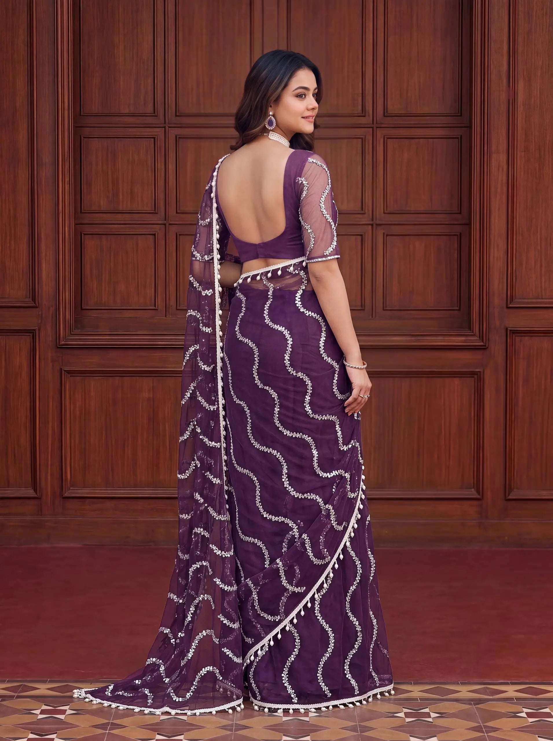 Shop Net Embroidered Saree with Beads Sequence Pearls Work for Wedding Party Festive Wear