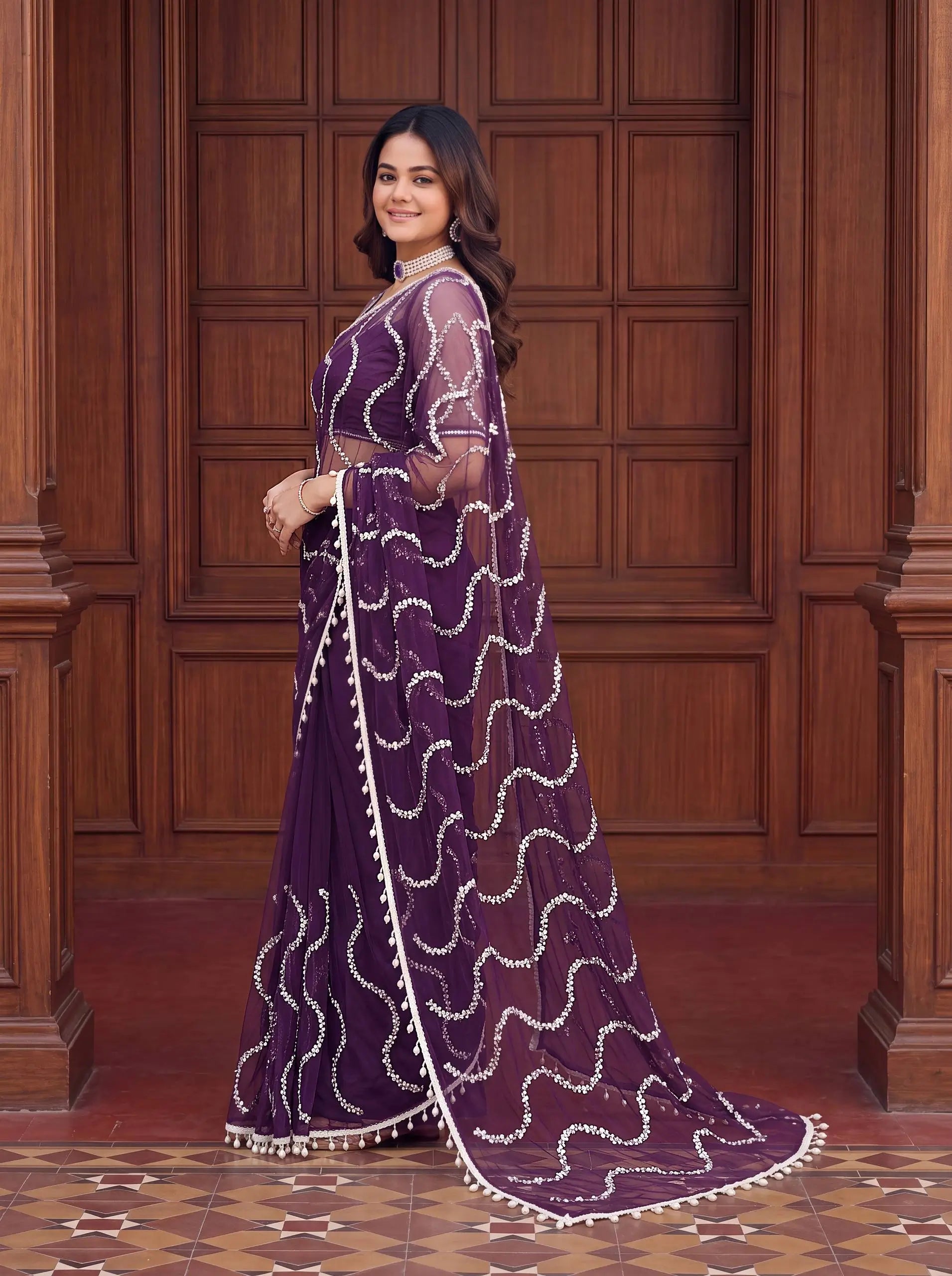 Shop Net Embroidered Saree with Beads Sequence Pearls Work for Wedding Party Festive Wear