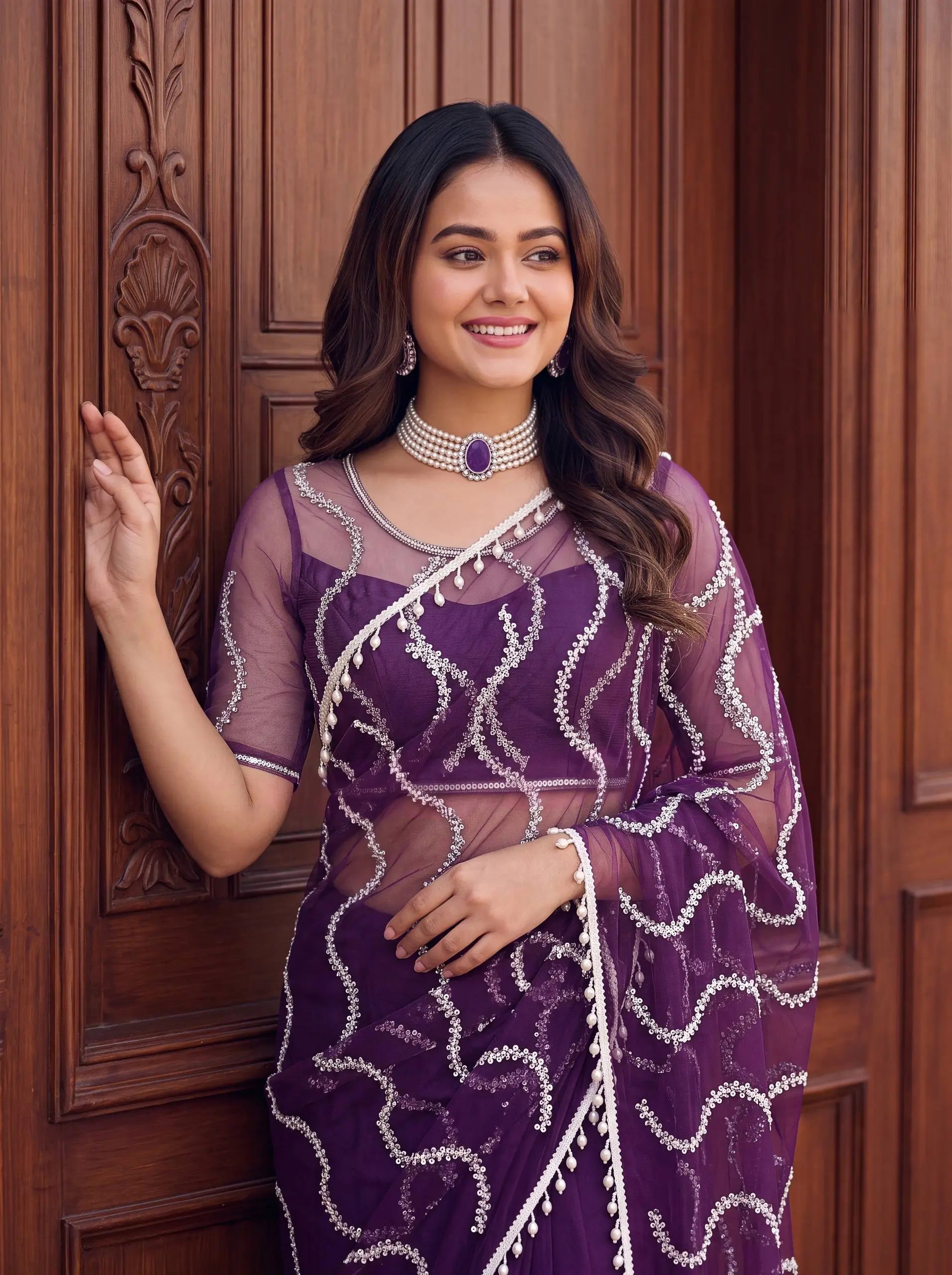 Shop Net Embroidered Saree with Beads Sequence Pearls Work for Wedding Party Festive Wear
