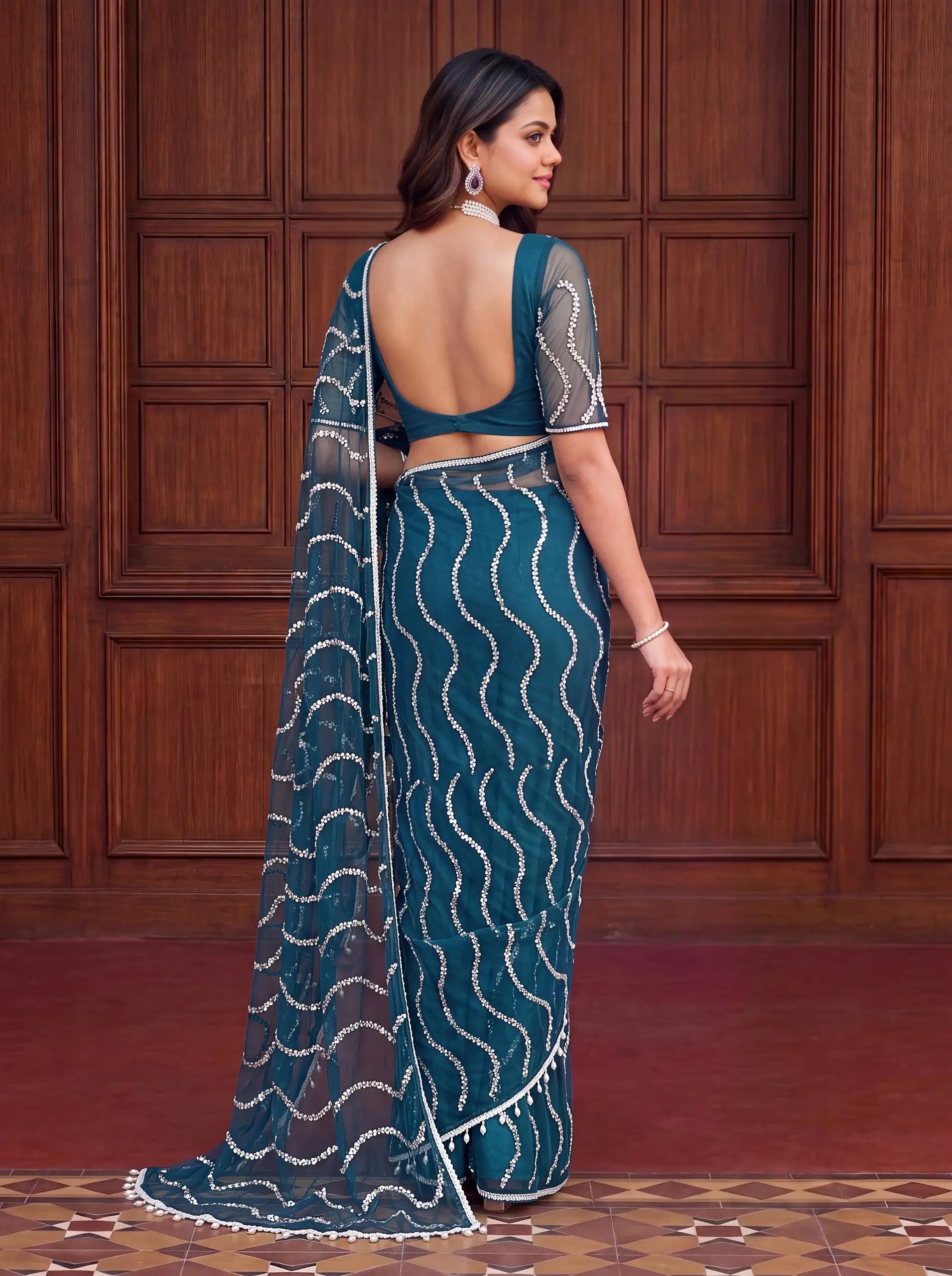 Shop Net Embroidered Saree with Beads Sequence Pearls Work for Wedding Party Festive Wear