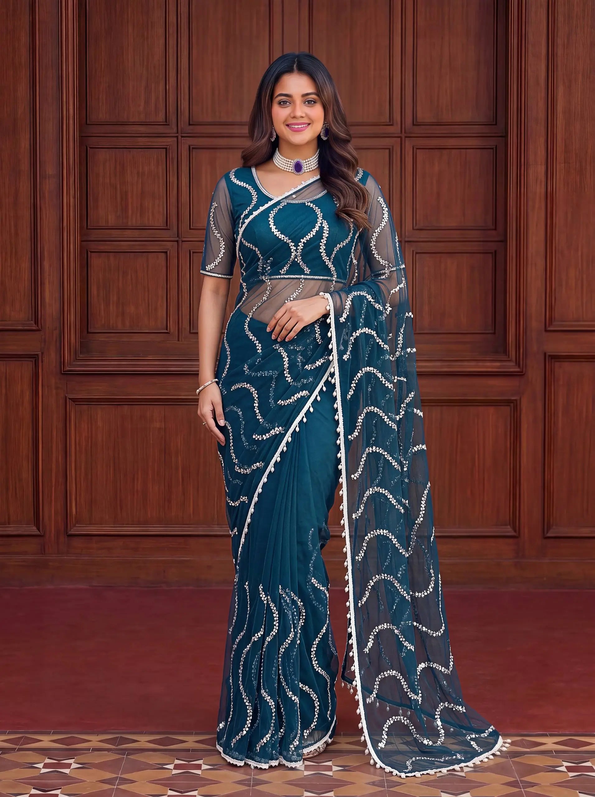 Shop Net Embroidered Saree with Beads Sequence Pearls Work for Wedding Party Festive Wear