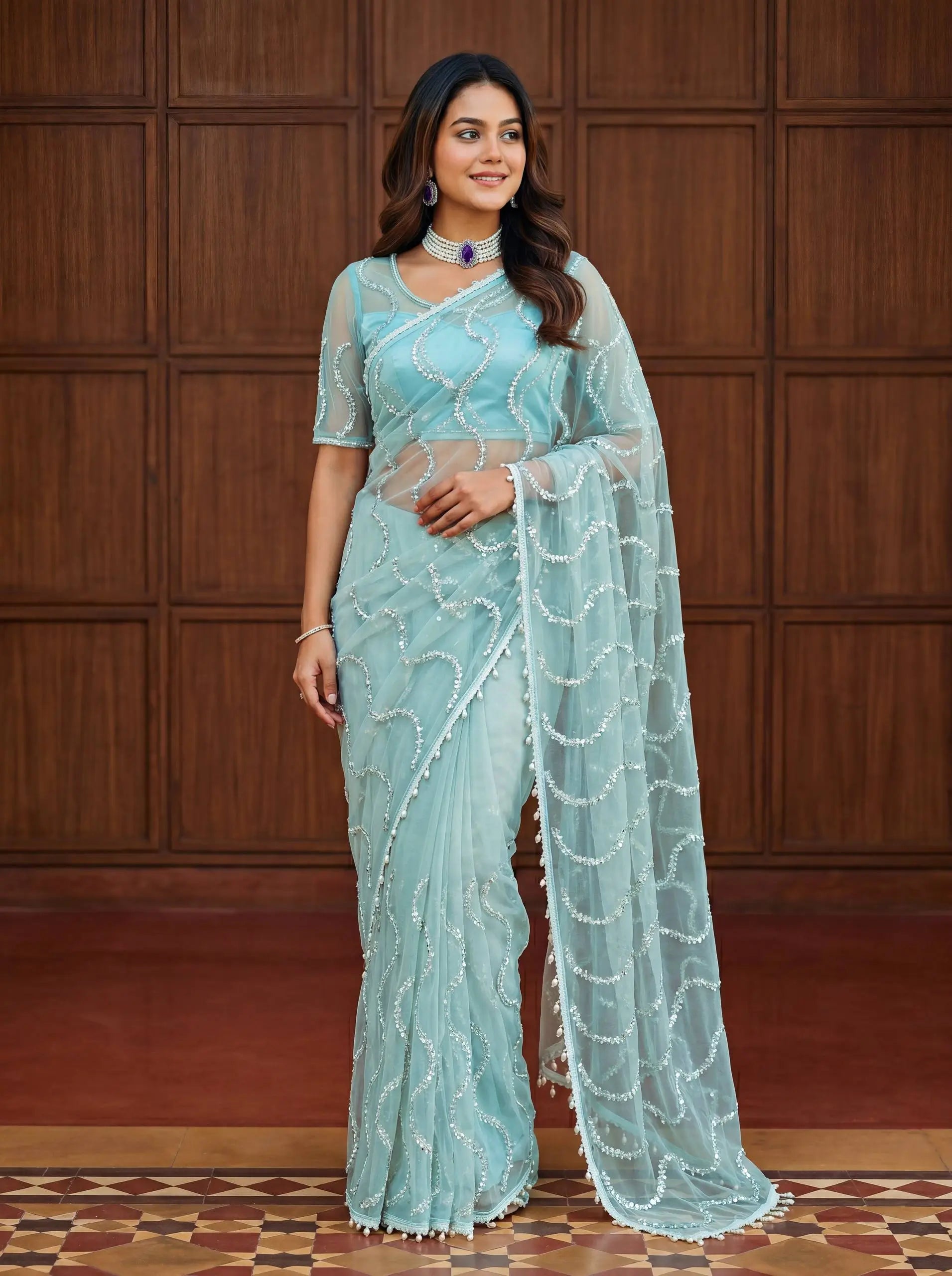 Shop Net Embroidered Saree with Beads Sequence Pearls Work for Wedding Party Festive Wear