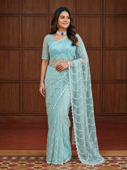 Shop Net Embroidered Saree with Beads Sequence Pearls Work for Wedding Party Festive Wear