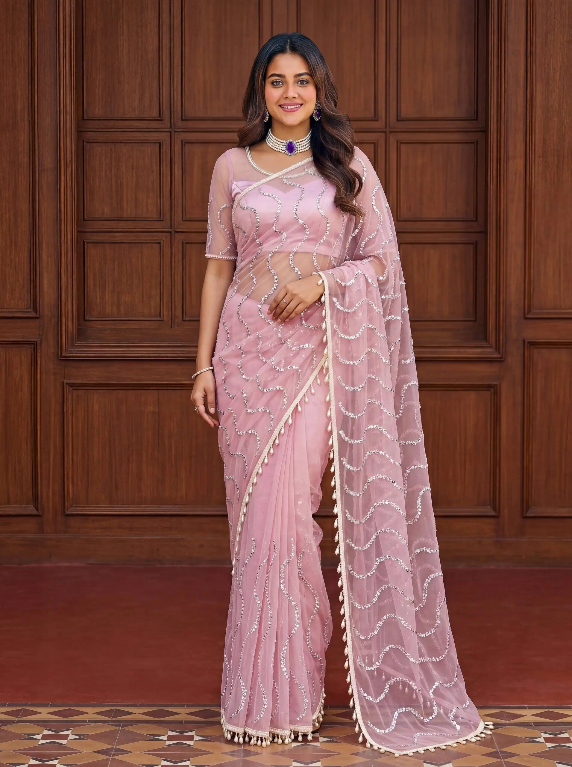 Shop Net Embroidered Saree with Beads Sequence Pearls Work for Wedding Party Festive Wear