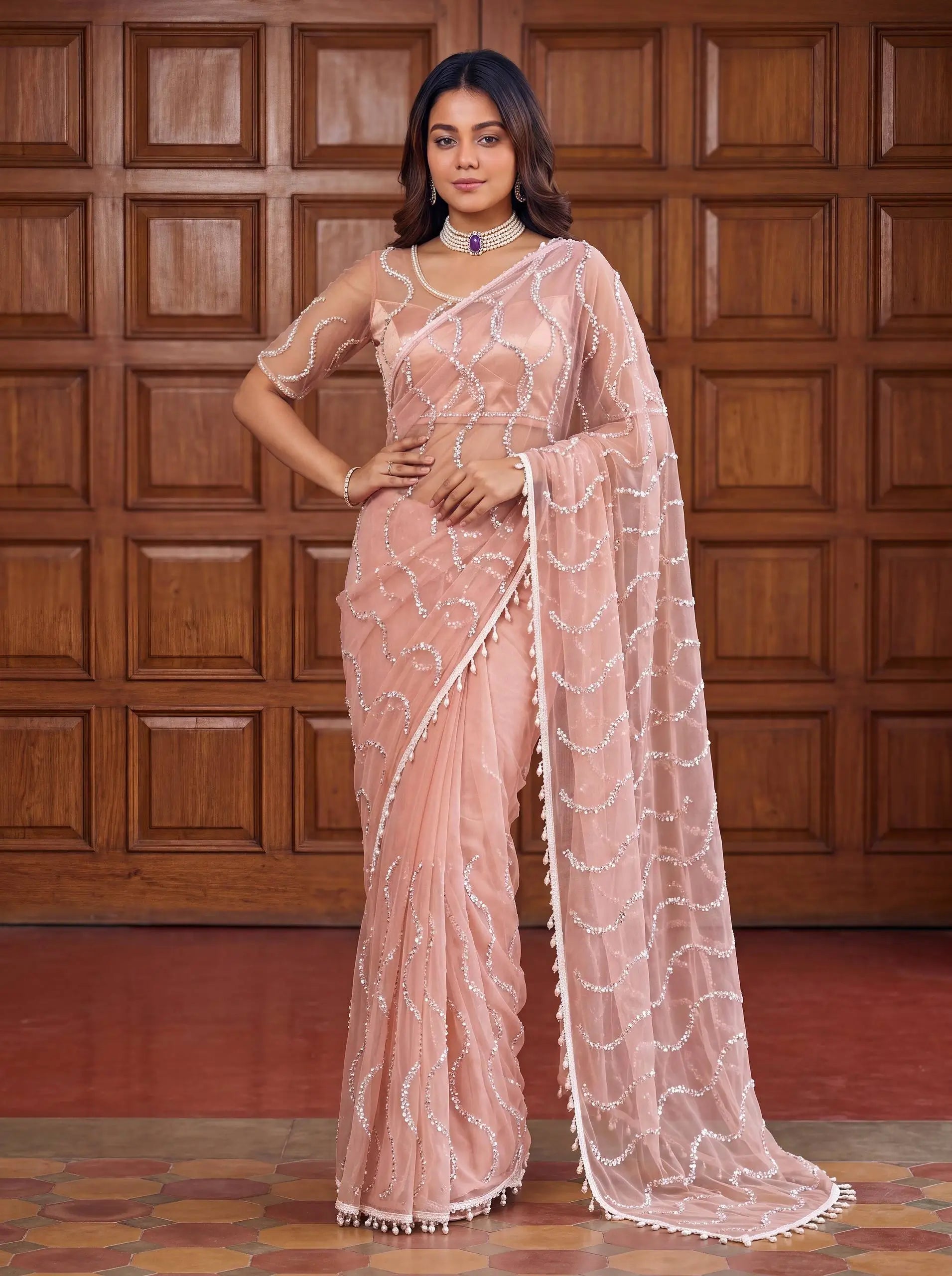 Shop Net Embroidered Saree with Beads Sequence Pearls Work for Wedding Party Festive Wear