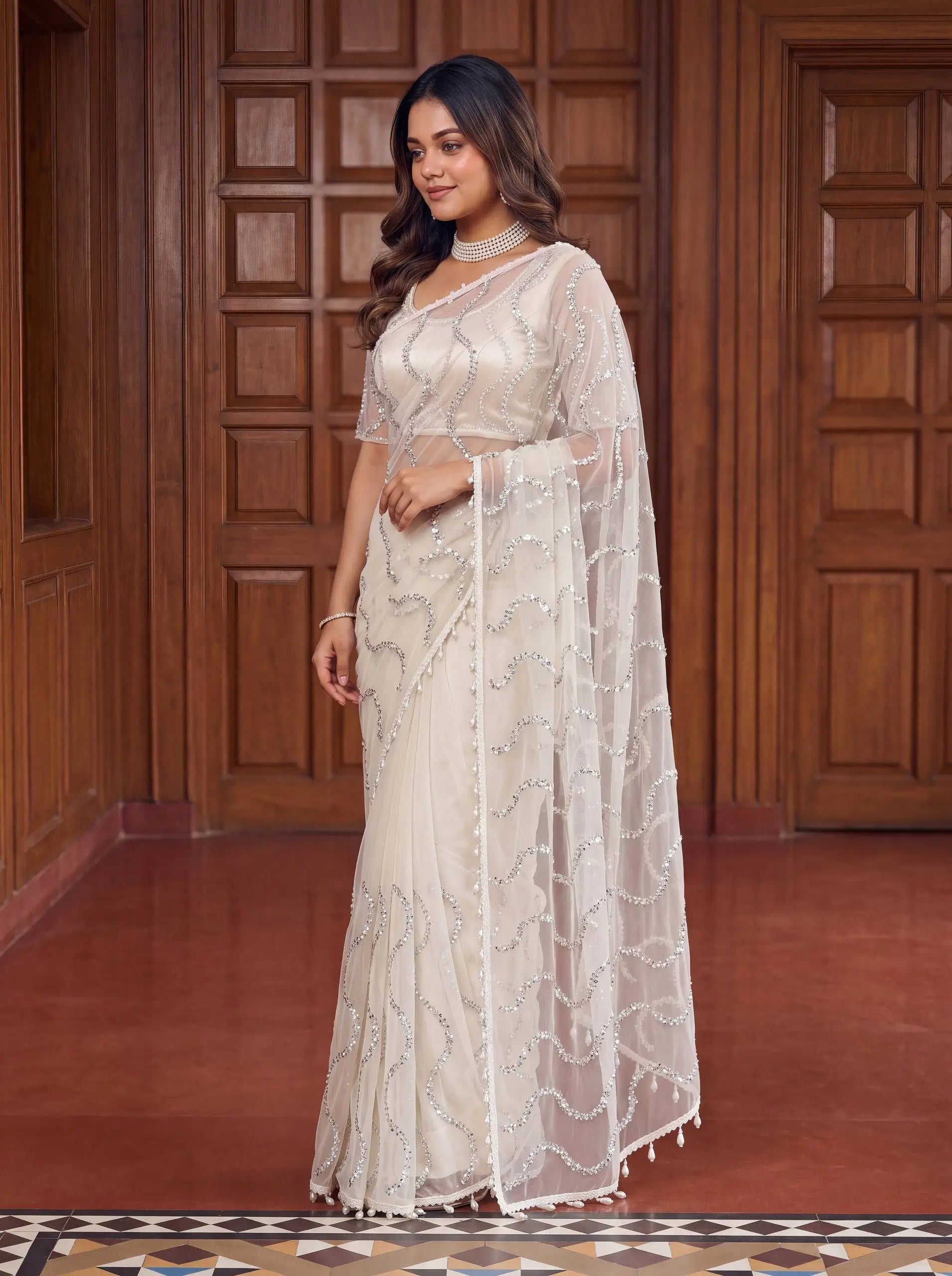 Shop Net Embroidered Saree with Beads Sequence Pearls Work for Wedding Party Festive Wear
