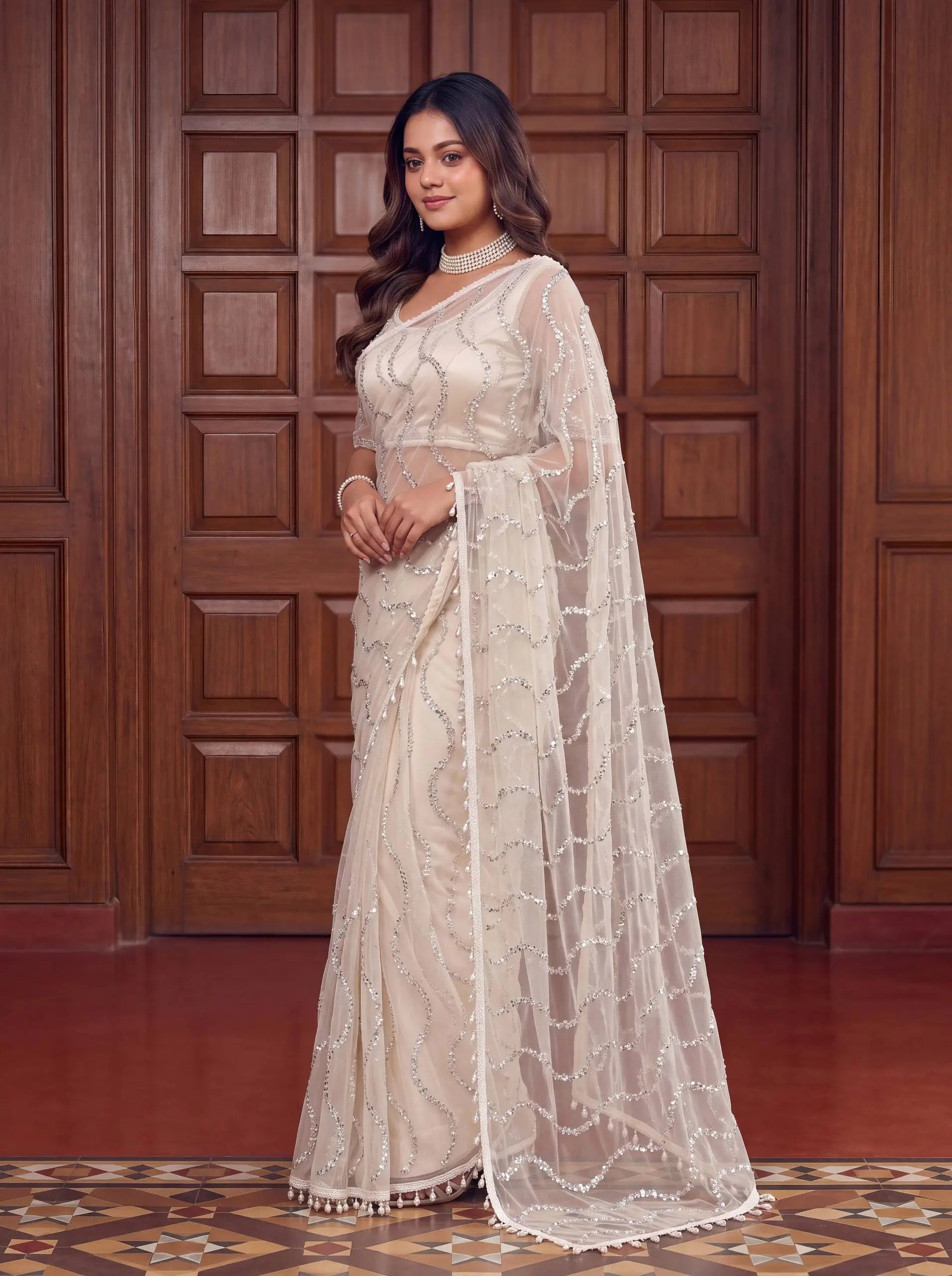 Shop Net Embroidered Saree with Beads Sequence Pearls Work for Wedding Party Festive Wear