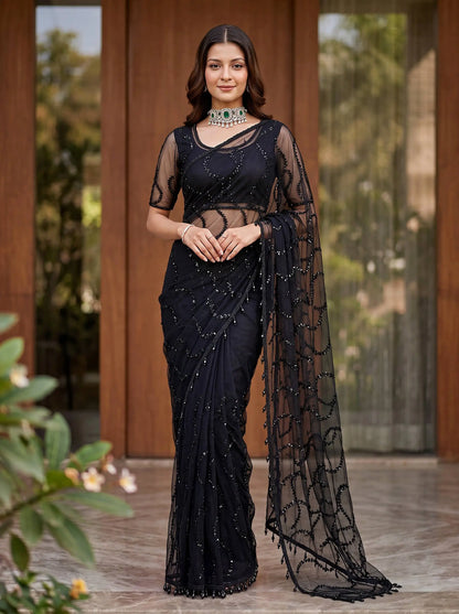 Shop Net Embroidered Saree with Beads Sequence Pearls Work for Wedding Party Festive Wear