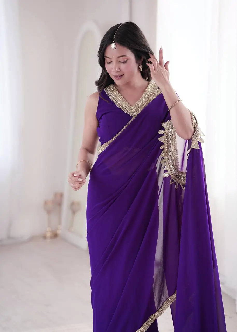 Shop Ready to Wear Georgette Saree with Lace Border and Mirror Pallu for Party Festive Wear