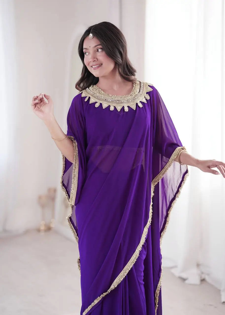 Shop Ready to Wear Georgette Saree with Lace Border and Mirror Pallu for Party Festive Wear