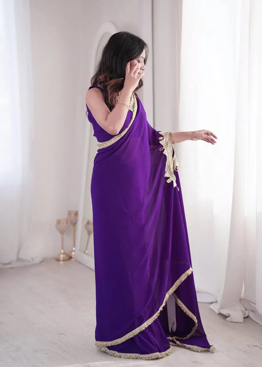 Shop Ready to Wear Georgette Saree with Lace Border and Mirror Pallu for Party Festive Wear