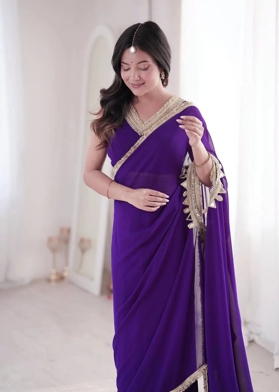 Shop Ready to Wear Georgette Saree with Lace Border and Mirror Pallu for Party Festive Wear