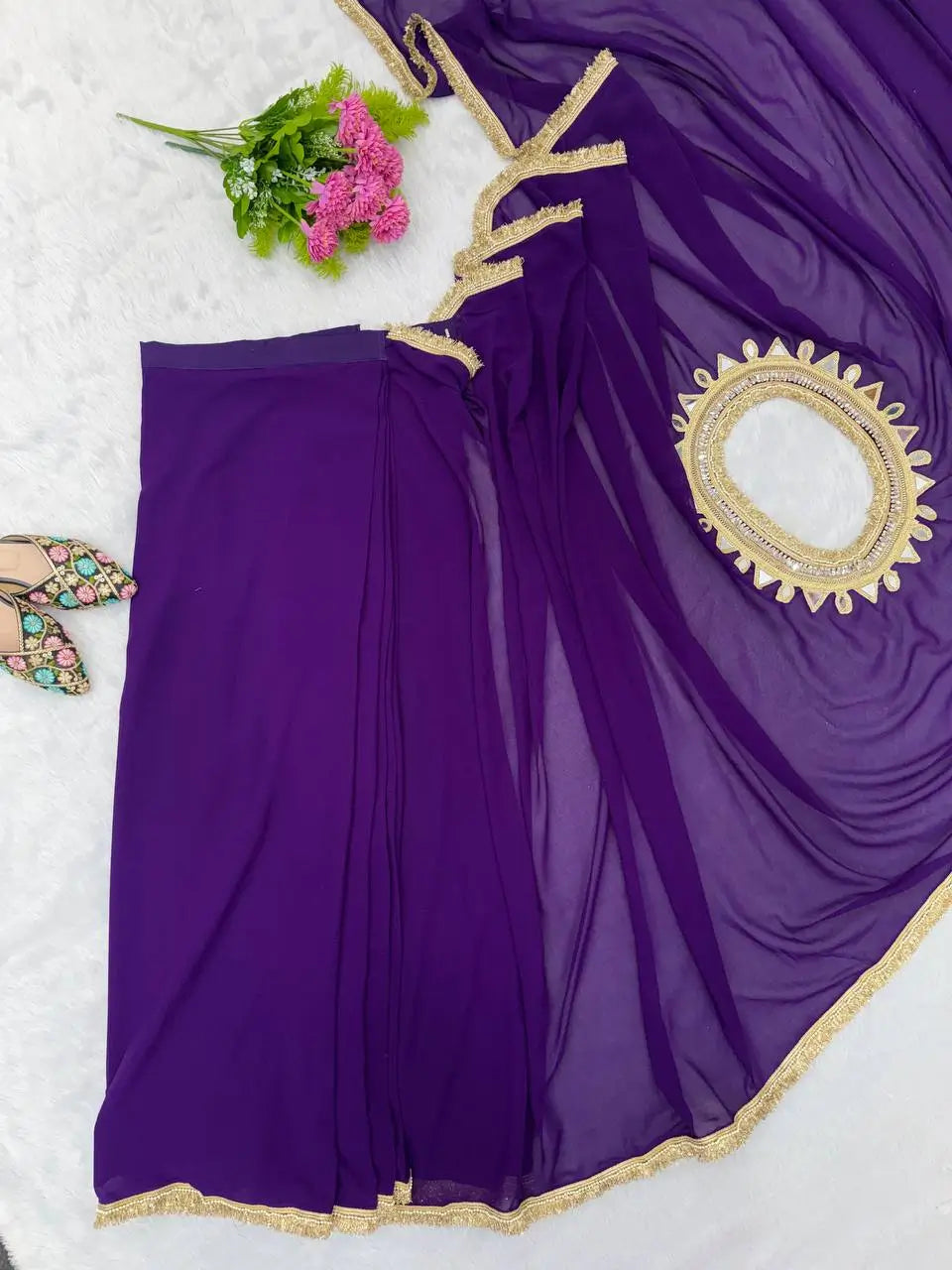 Shop Ready to Wear Georgette Saree with Lace Border and Mirror Pallu for Party Festive Wear