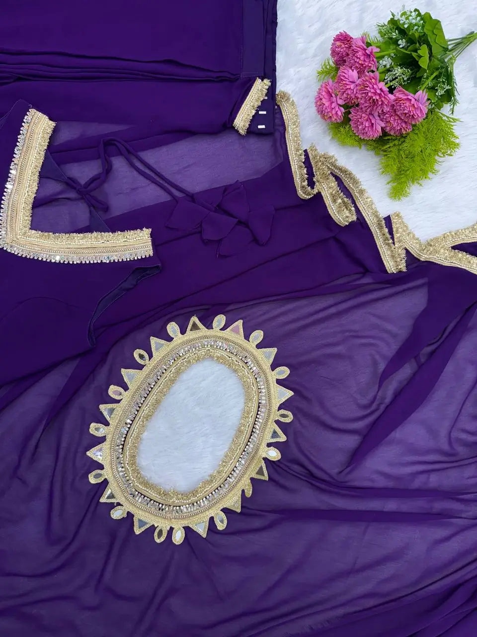 Shop Ready to Wear Georgette Saree with Lace Border and Mirror Pallu for Party Festive Wear