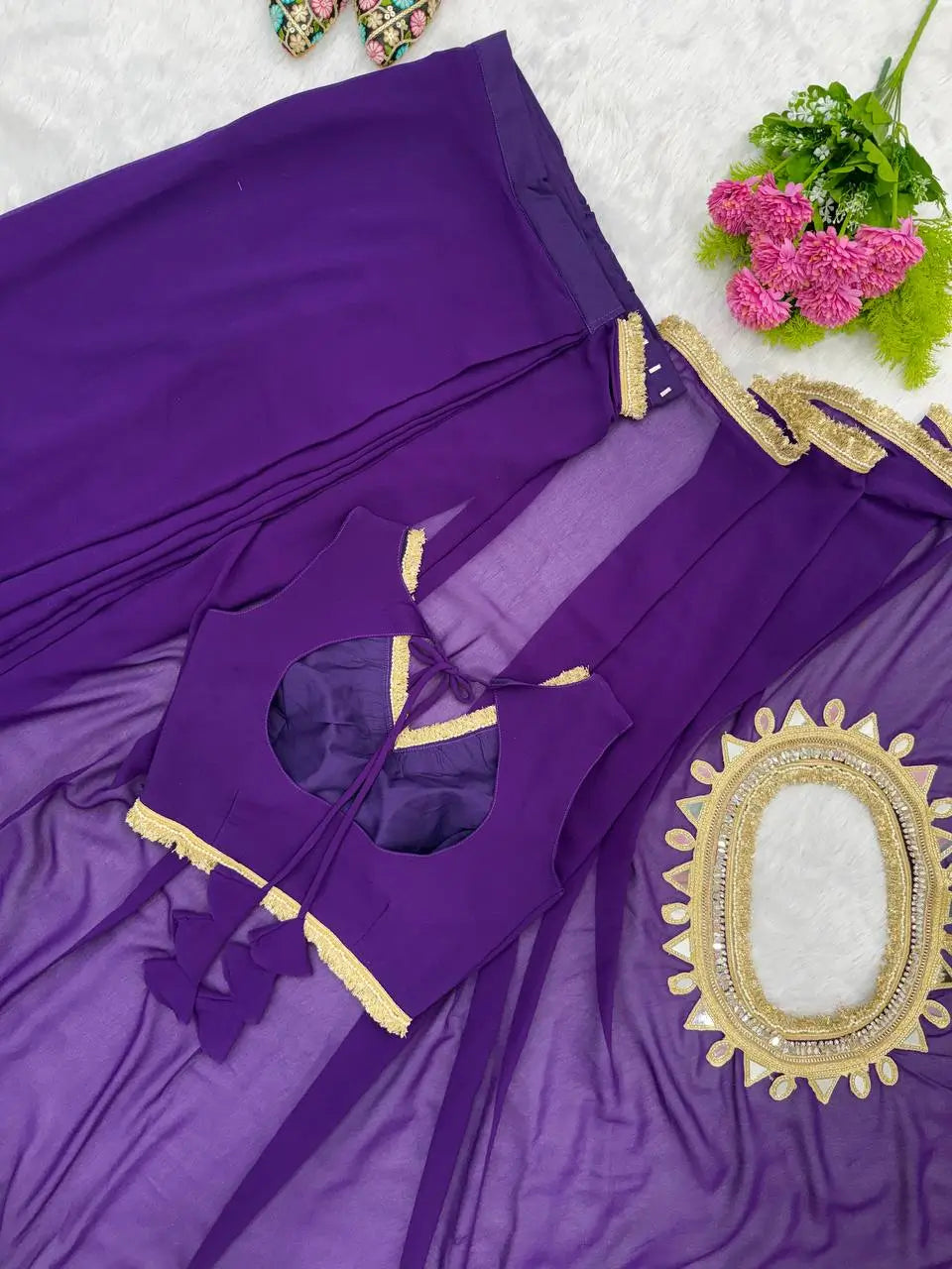 Shop Ready to Wear Georgette Saree with Lace Border and Mirror Pallu for Party Festive Wear
