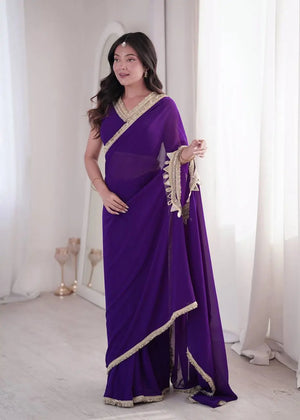 Shop Ready to Wear Georgette Saree with Lace Border and Mirror Pallu for Party Festive Wear