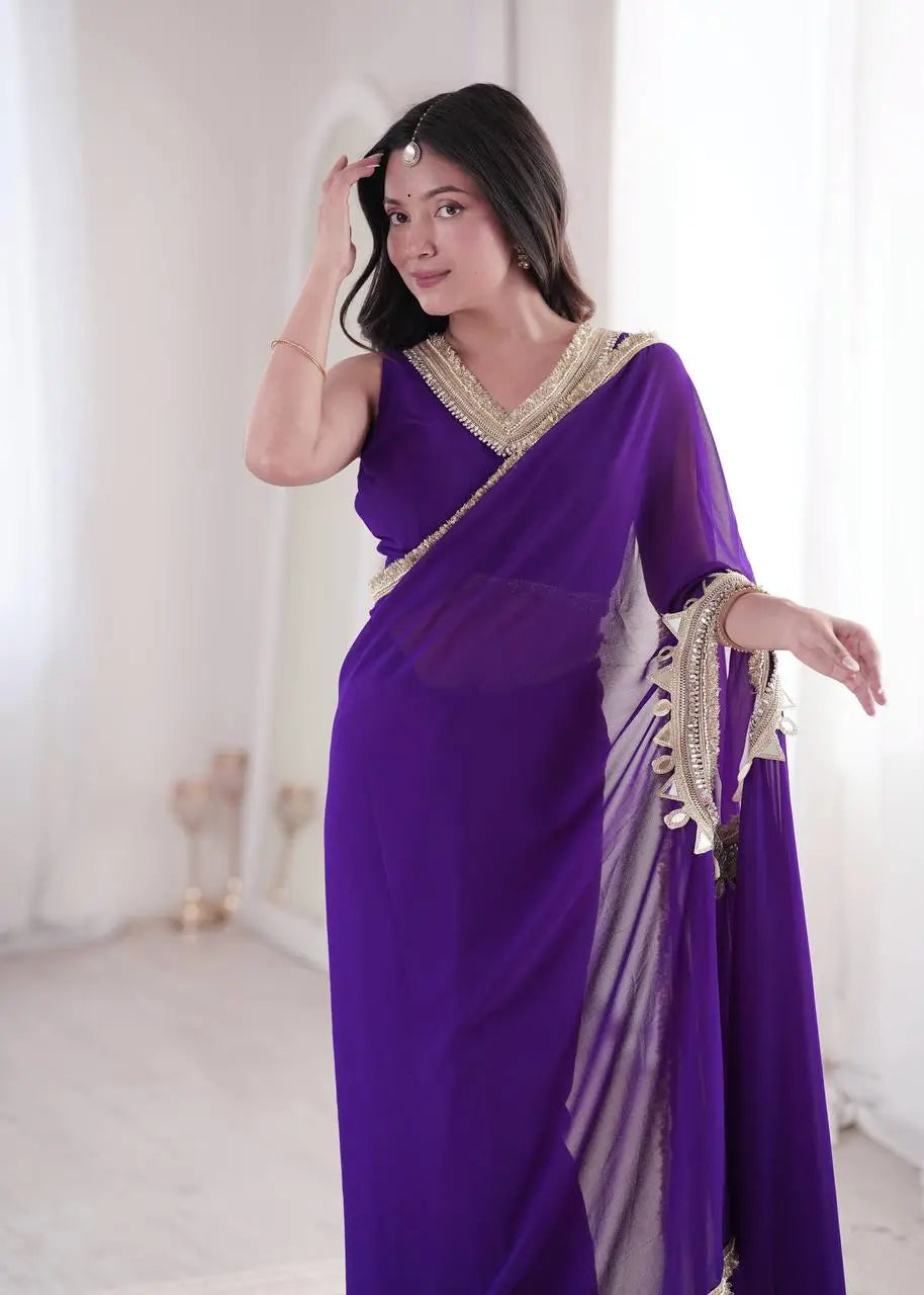 Shop Ready to Wear Georgette Saree with Lace Border and Mirror Pallu for Party Festive Wear