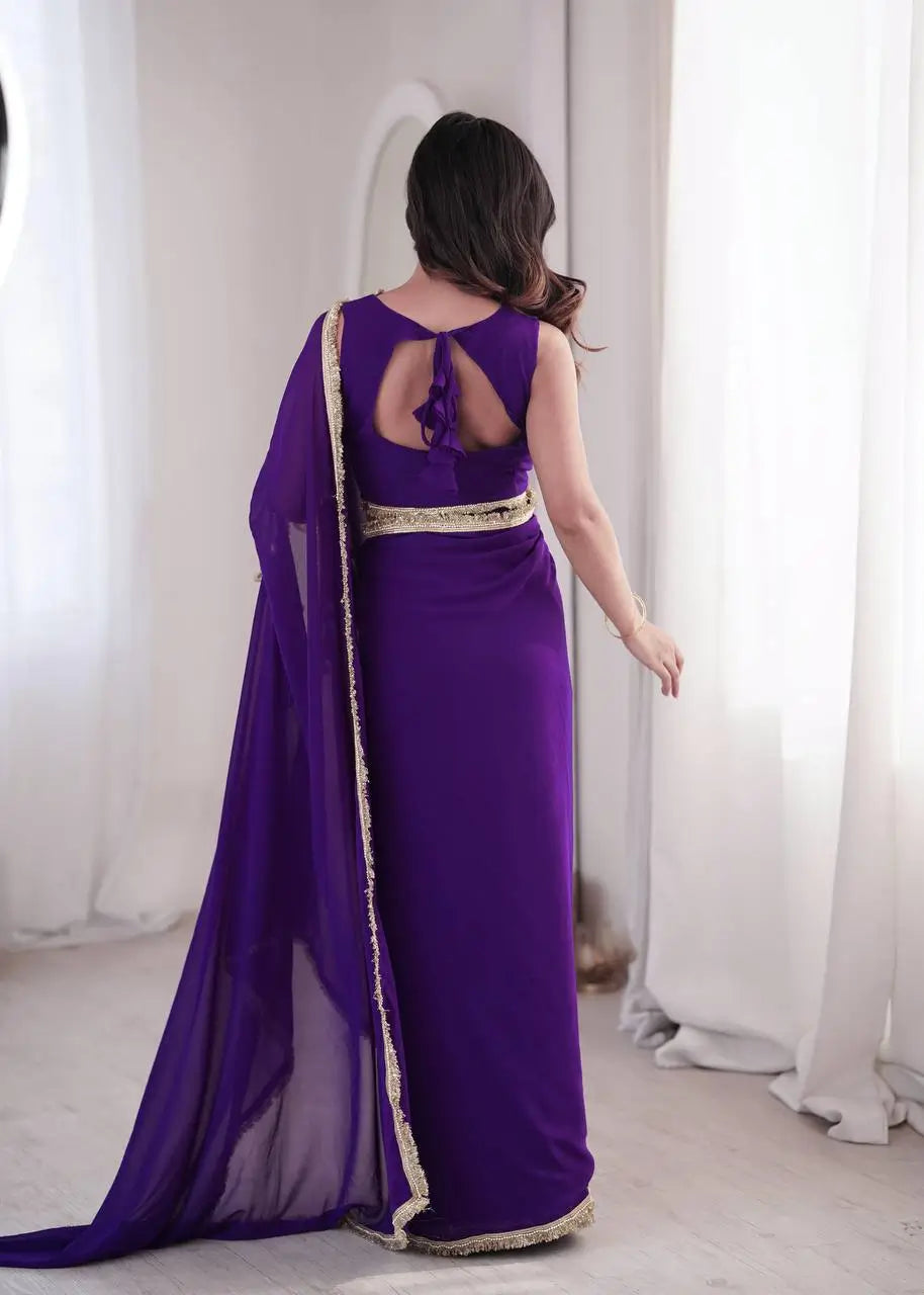 Shop Ready to Wear Georgette Saree with Lace Border and Mirror Pallu for Party Festive Wear