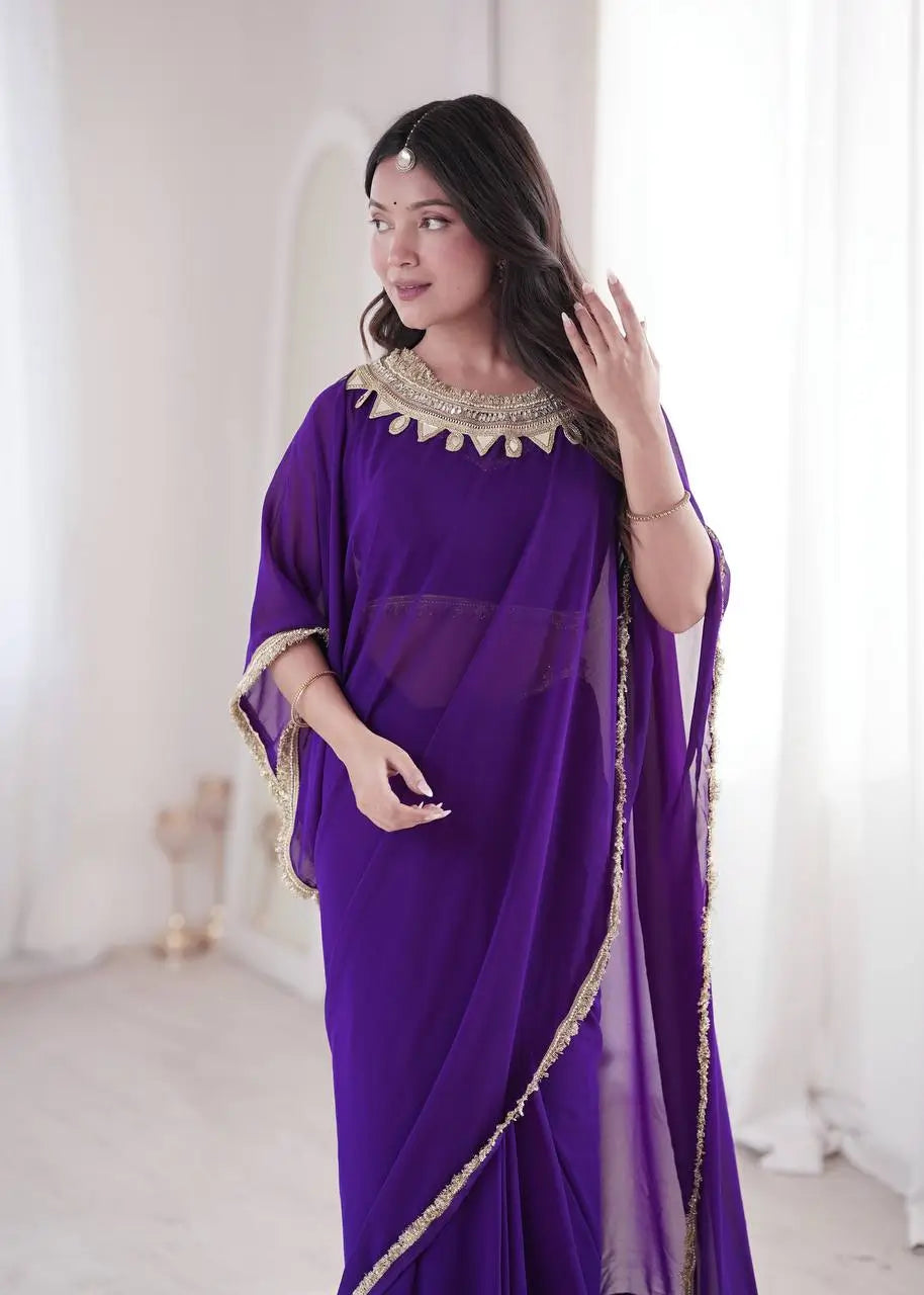Shop Ready to Wear Georgette Saree with Lace Border and Mirror Pallu for Party Festive Wear