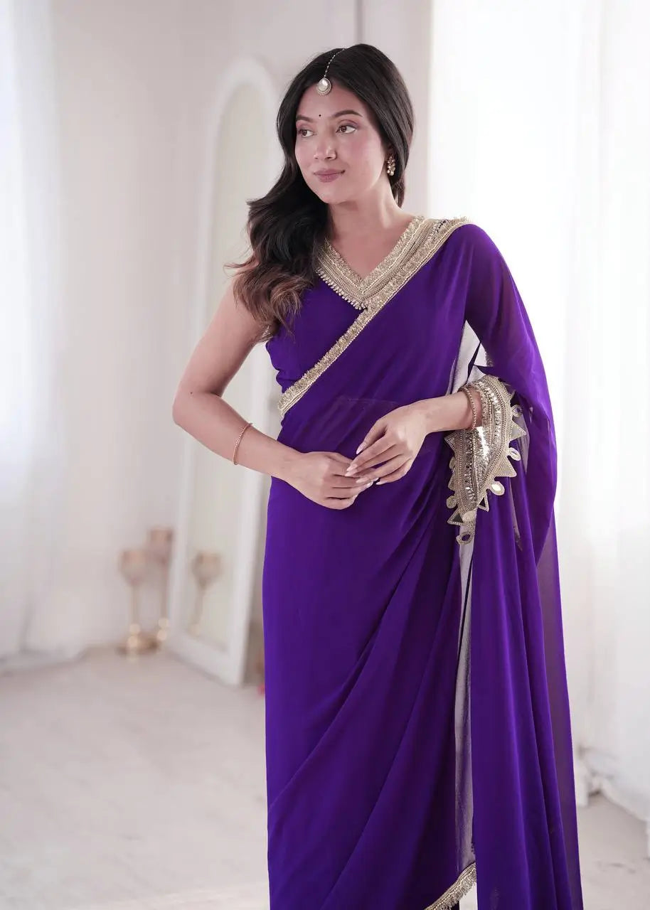 Shop Ready to Wear Georgette Saree with Lace Border and Mirror Pallu for Party Festive Wear