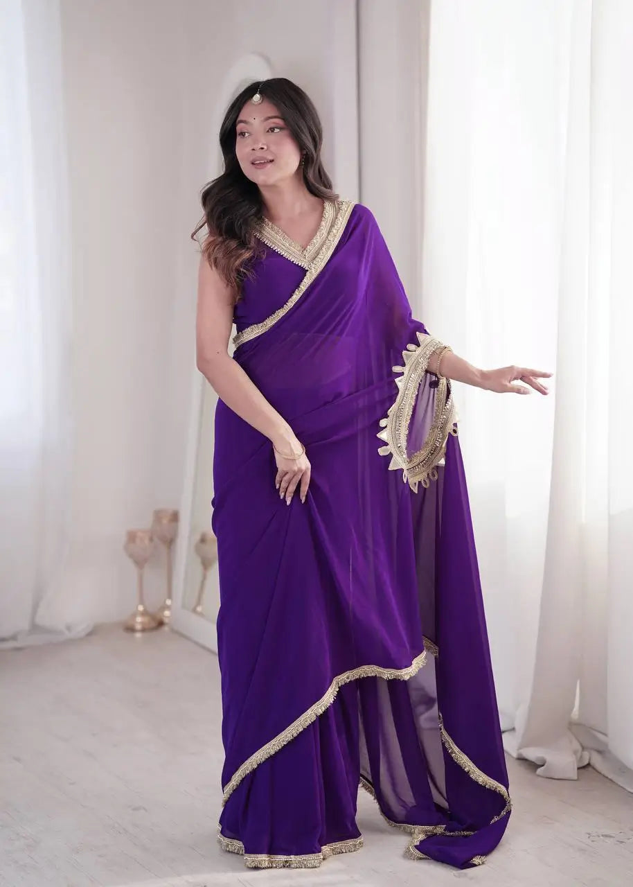 Shop Ready to Wear Georgette Saree with Lace Border and Mirror Pallu for Party Festive Wear