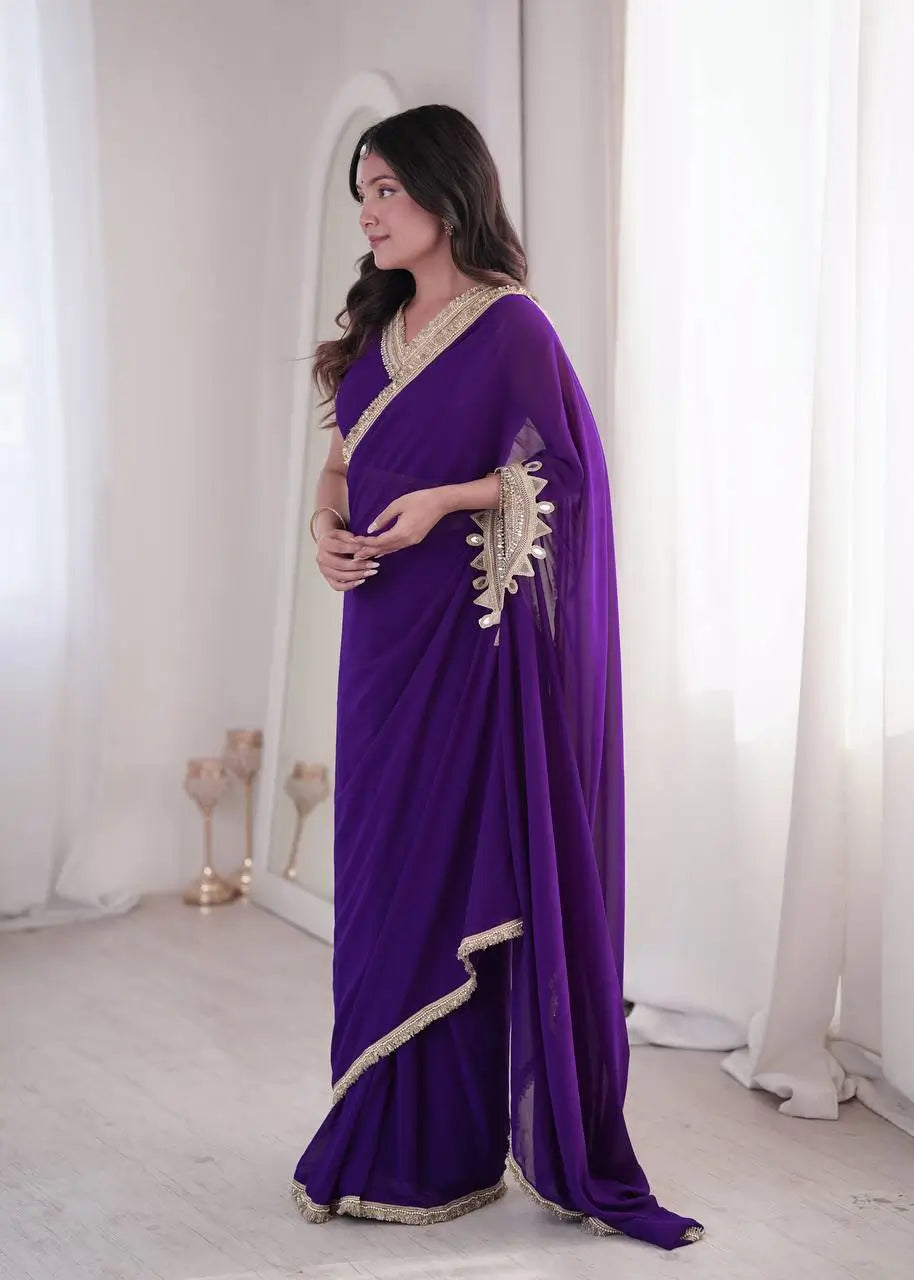 Shop Ready to Wear Georgette Saree with Lace Border and Mirror Pallu for Party Festive Wear