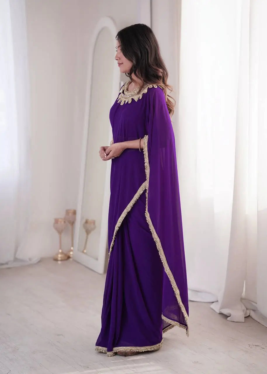 Shop Ready to Wear Georgette Saree with Lace Border and Mirror Pallu for Party Festive Wear
