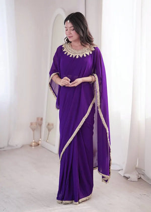 Shop Ready to Wear Georgette Saree with Lace Border and Mirror Pallu for Party Festive Wear