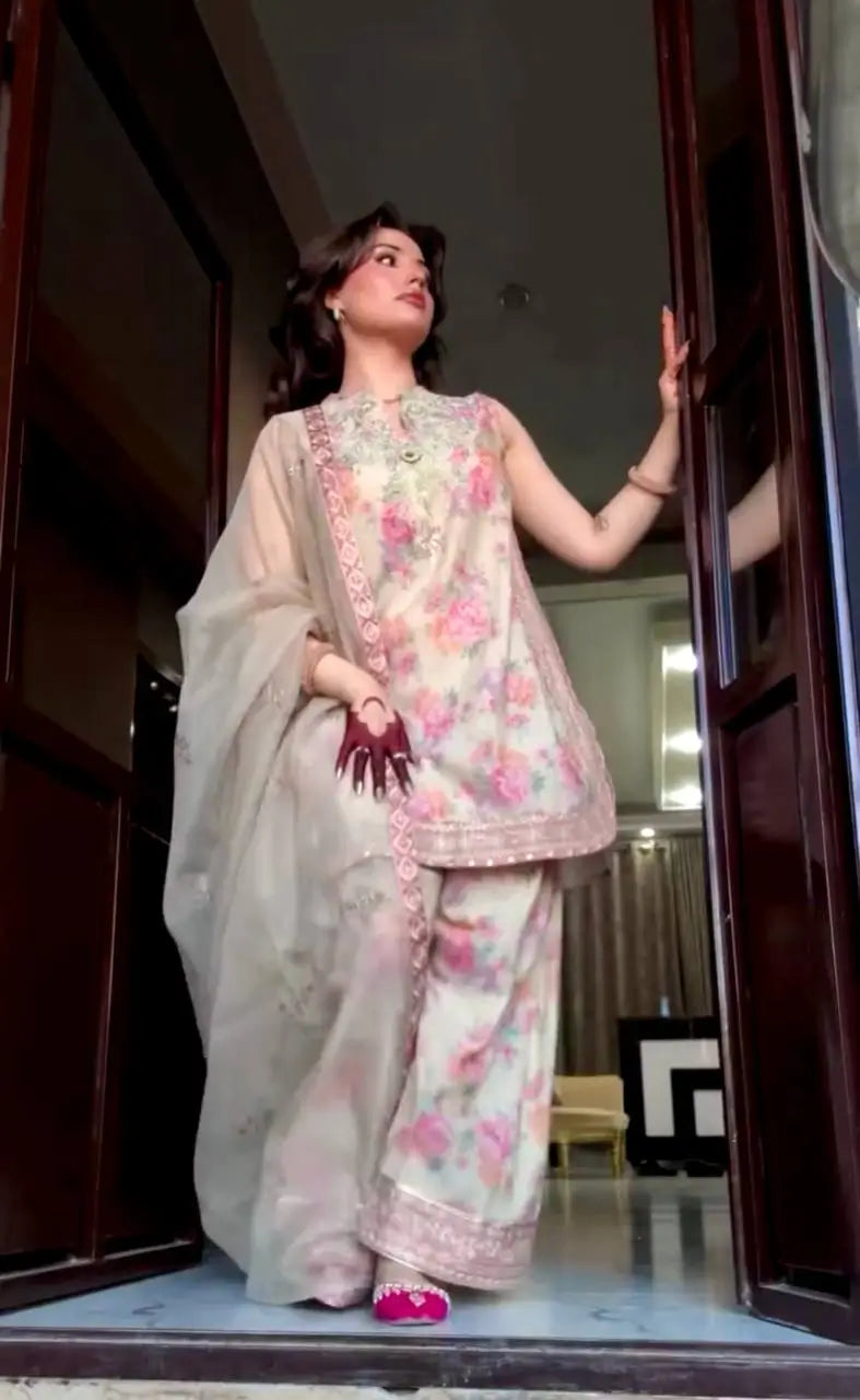 Sifon Georgette Digital Print Palazzo Set with Sequins Embroidery