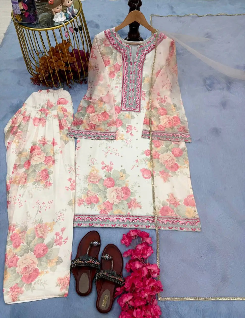Sifon Georgette Digital Print Palazzo Set with Sequins & Net Dupatta