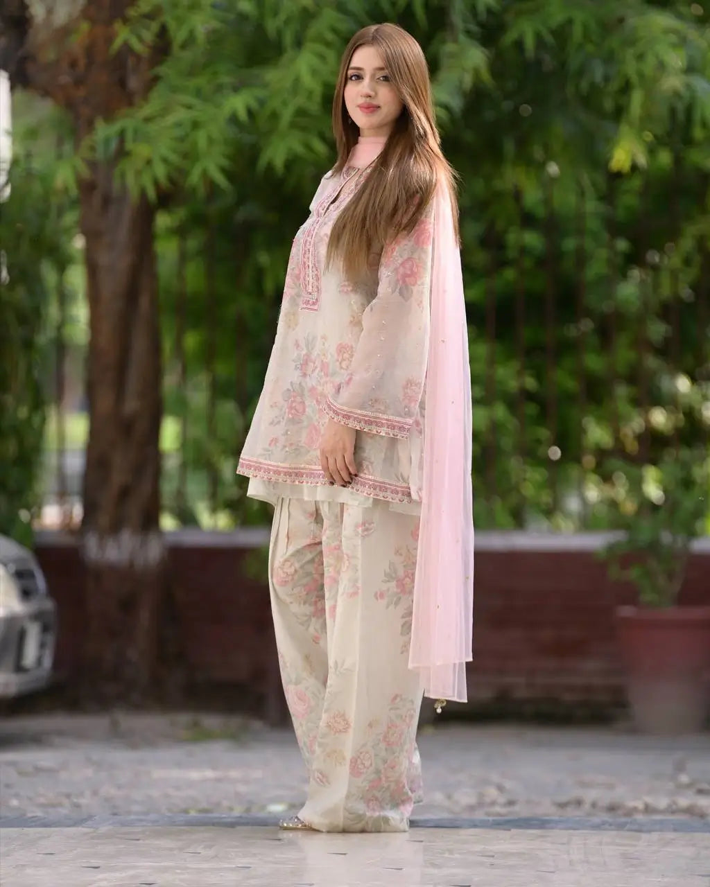 Sifon Georgette Digital Print Palazzo Set with Sequins & Net Dupatta