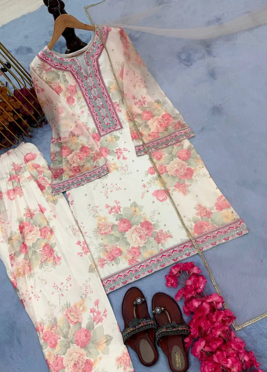 Sifon Georgette Digital Print Palazzo Set with Sequins & Net Dupatta
