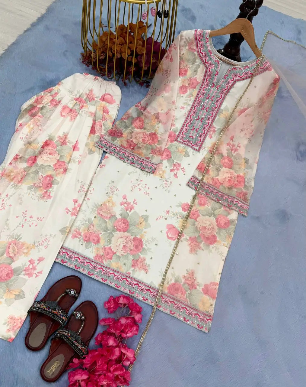 Sifon Georgette Digital Print Palazzo Set with Sequins & Net Dupatta