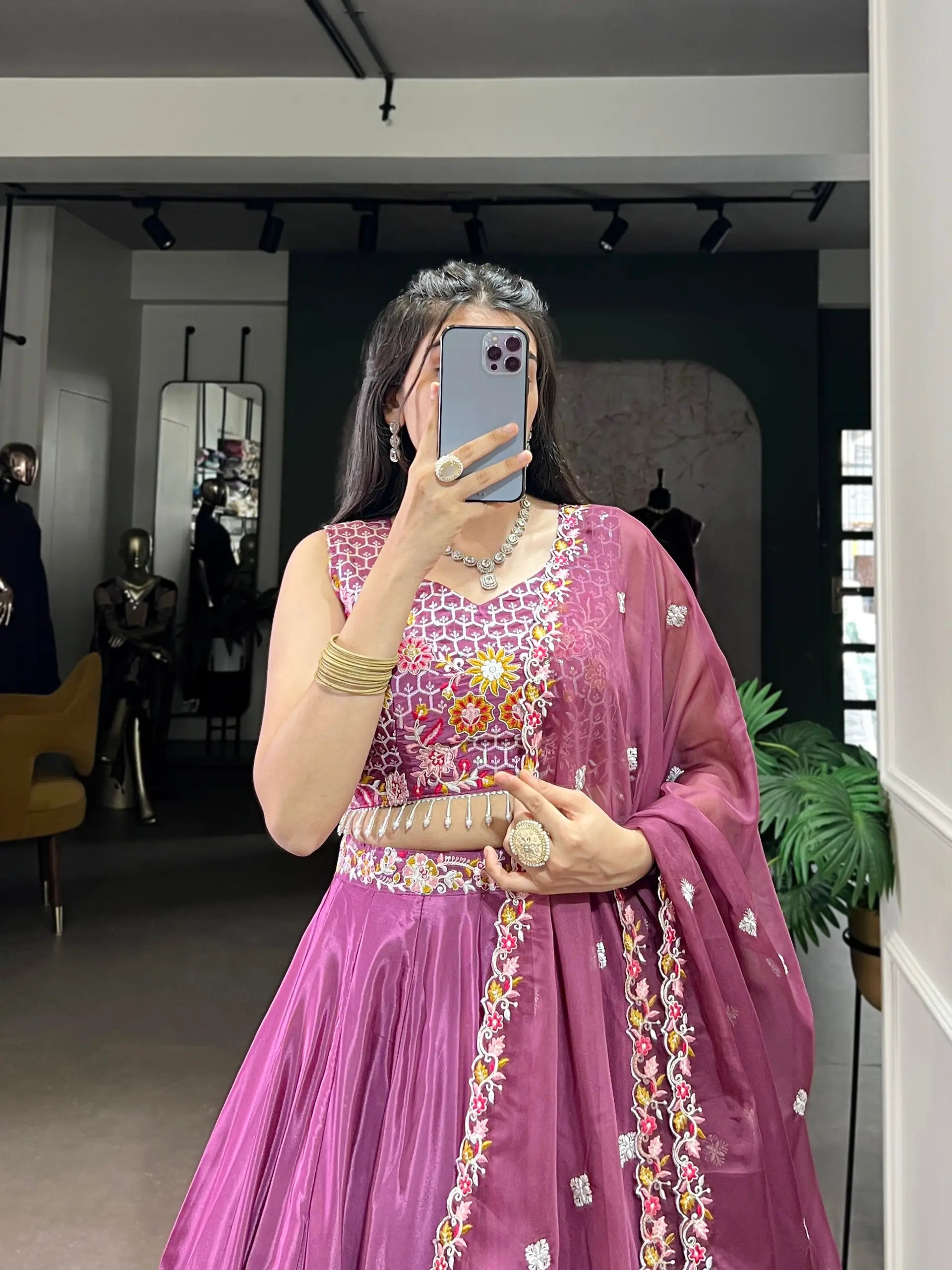 Silk Crepe Embroidered Lehenga Set with Organza Dupatta