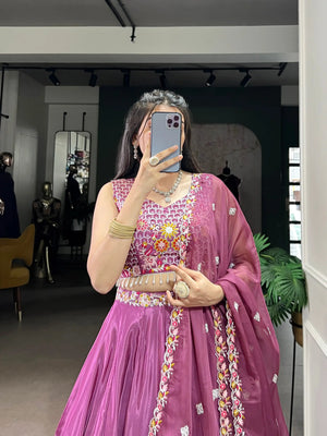 Silk Crepe Embroidered Lehenga Set with Organza Dupatta