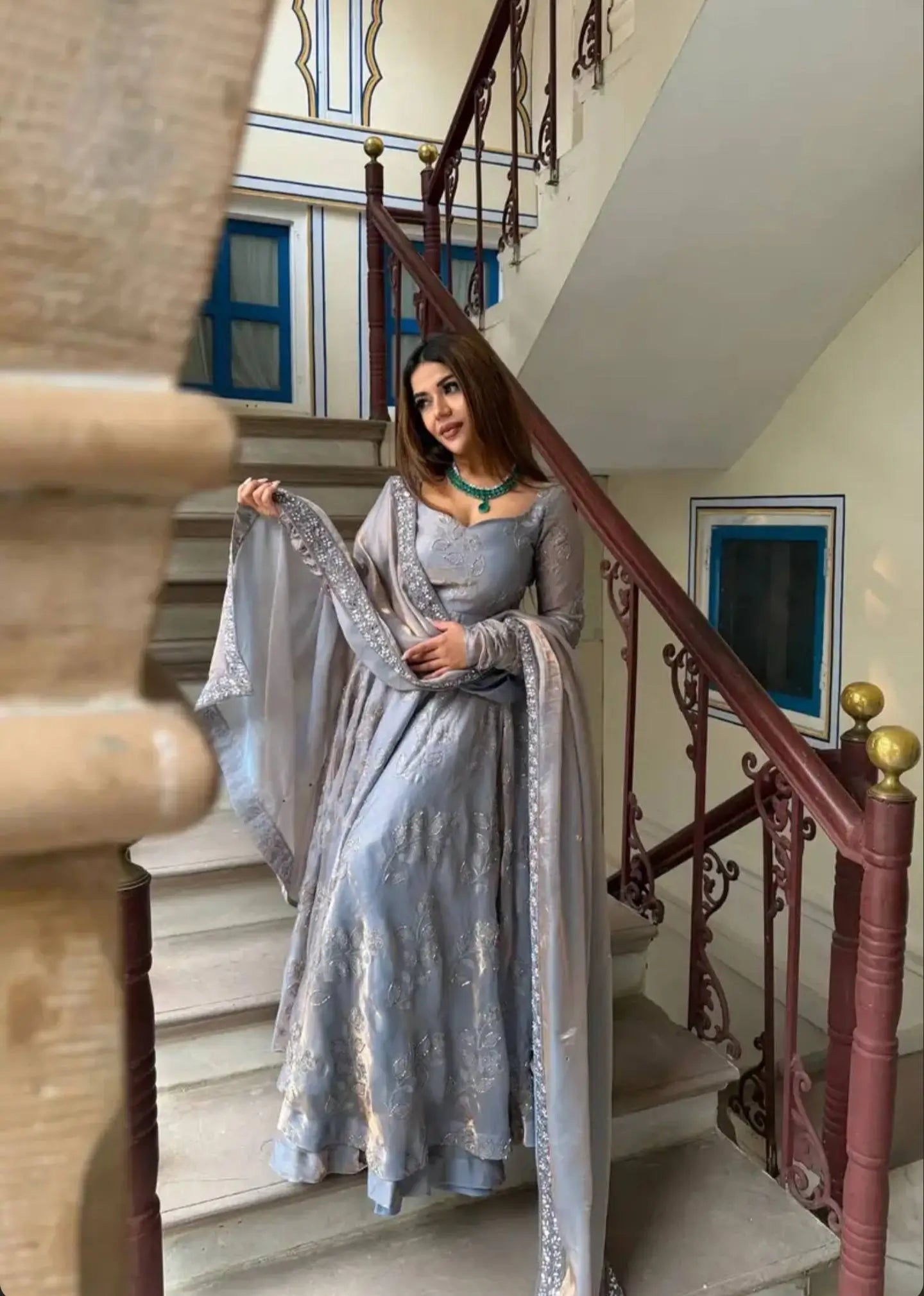 Silver Grace Embroidered Fandy Silk Anarkali Set for Festive and Wedding Wear