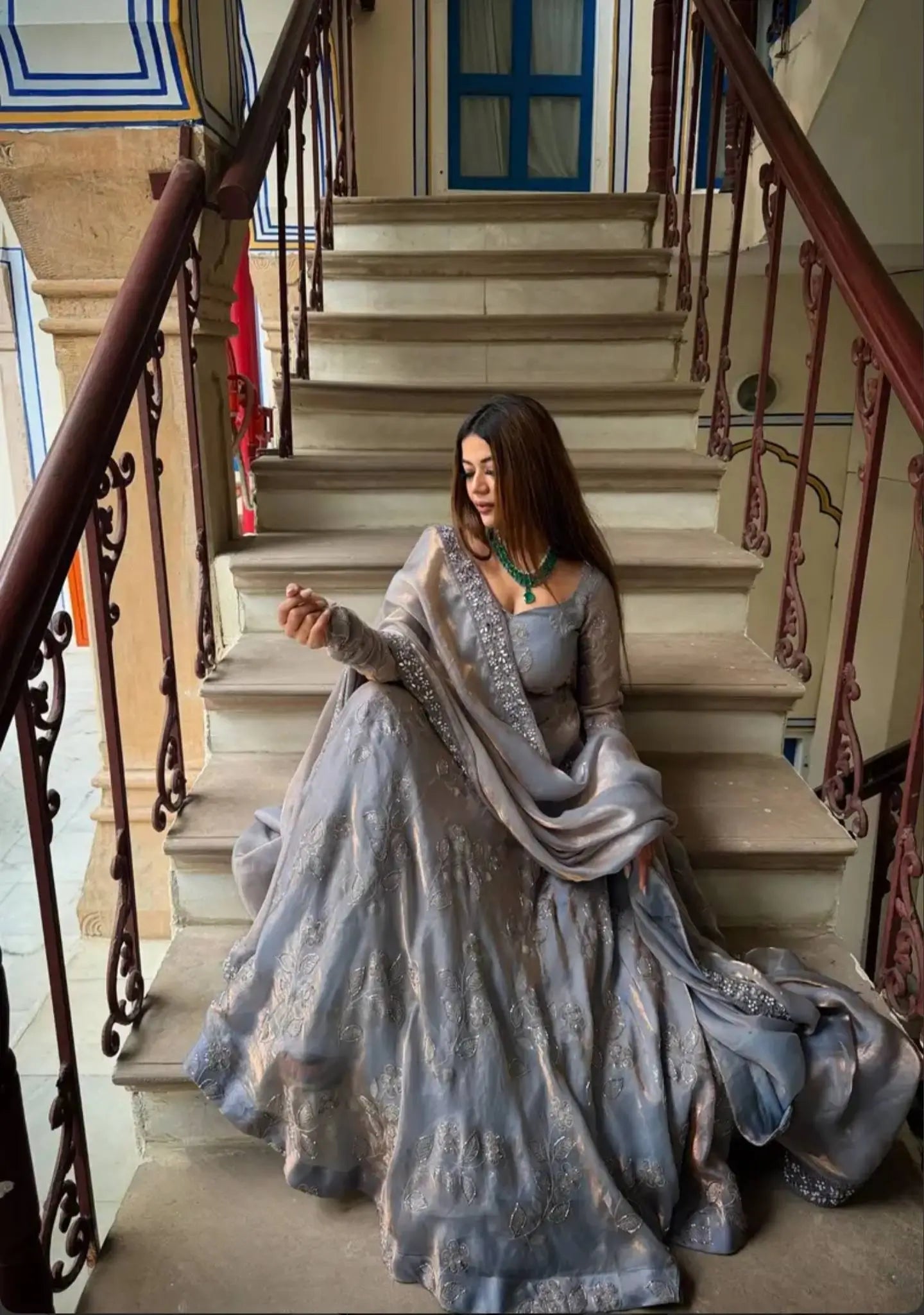 Silver Grace Embroidered Fandy Silk Anarkali Set for Festive and Wedding Wear