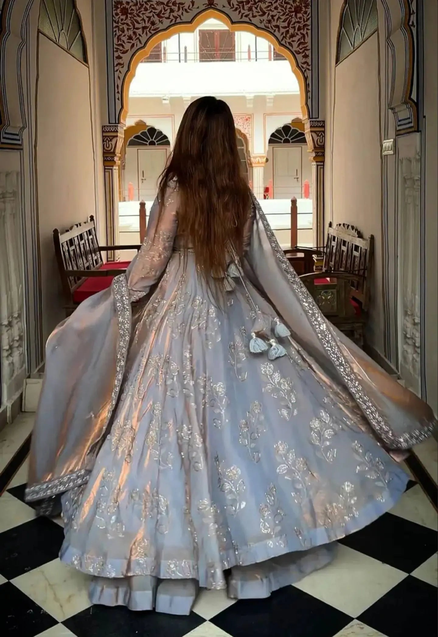Silver Grace Embroidered Fandy Silk Anarkali Set for Festive and Wedding Wear