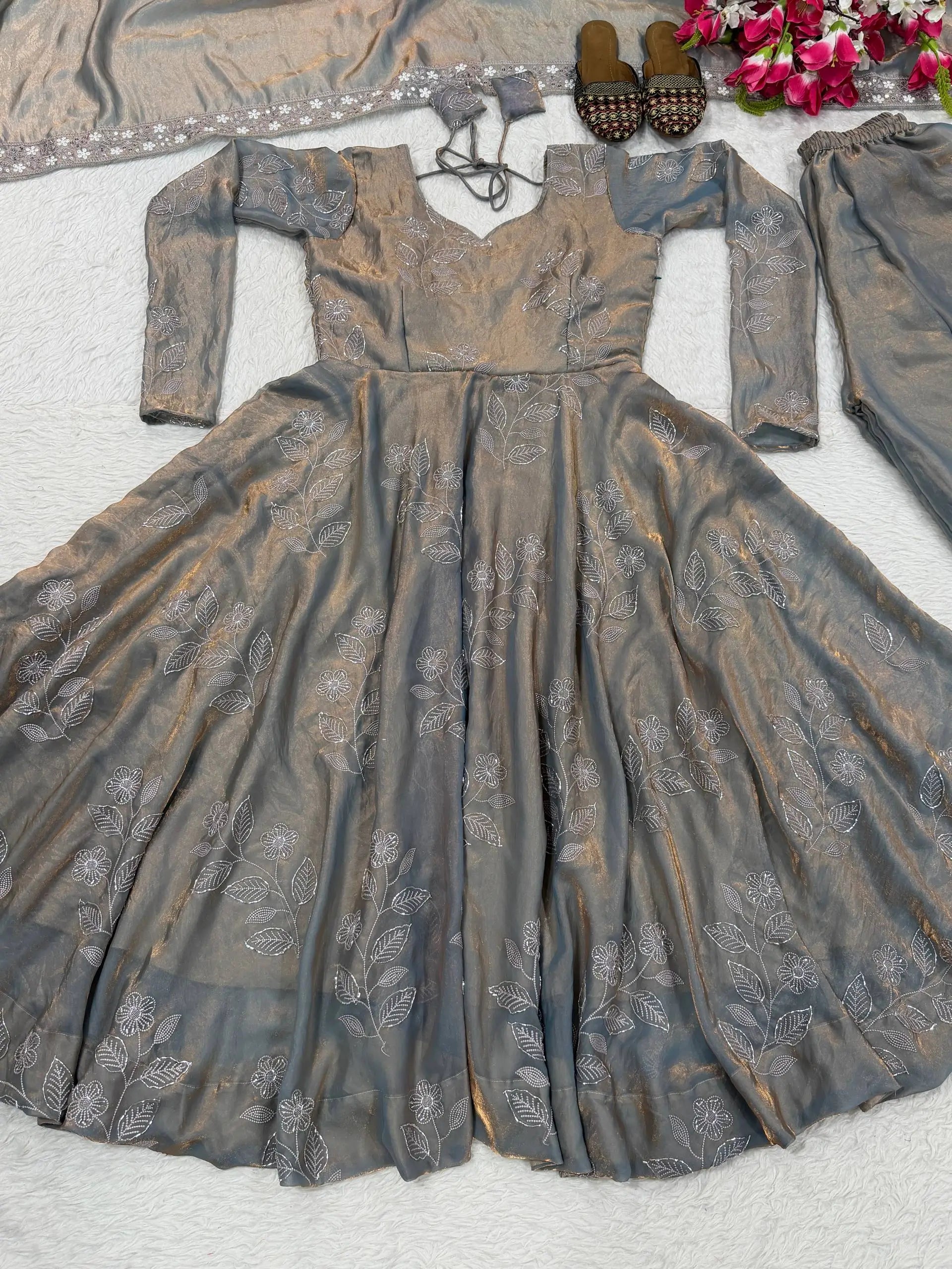 Silver Grace Embroidered Fandy Silk Anarkali Set for Festive and Wedding Wear