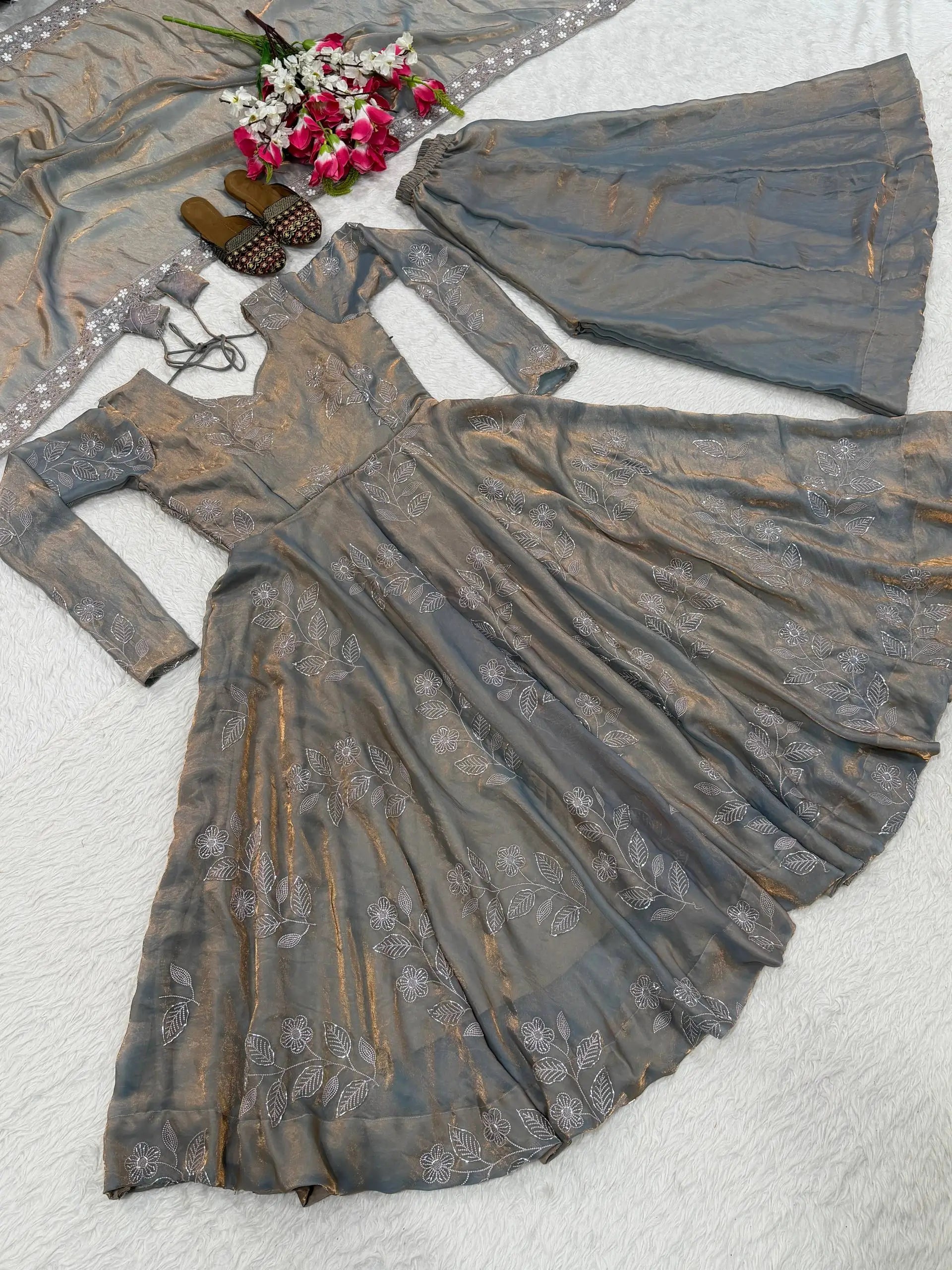 Silver Grace Embroidered Fandy Silk Anarkali Set for Festive and Wedding Wear