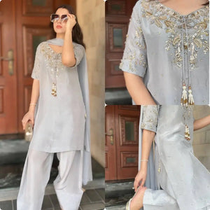 Silver Grey Pure Natural Crepe Farshi Palazzo Set with Hand Embroidery & Tassel Detailing