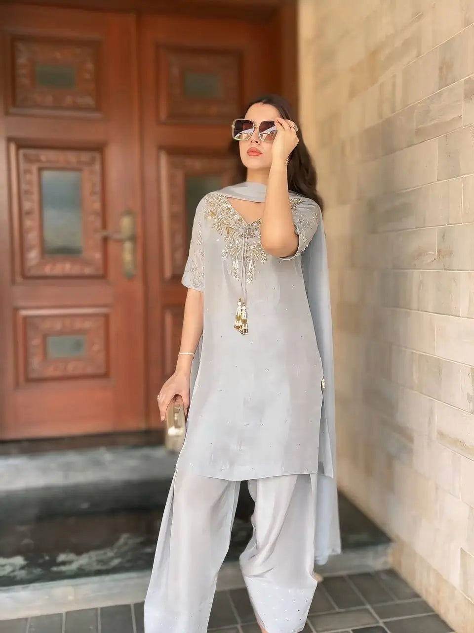 Silver Grey Pure Natural Crepe Farshi Palazzo Set with Hand Embroidery & Tassel Detailing