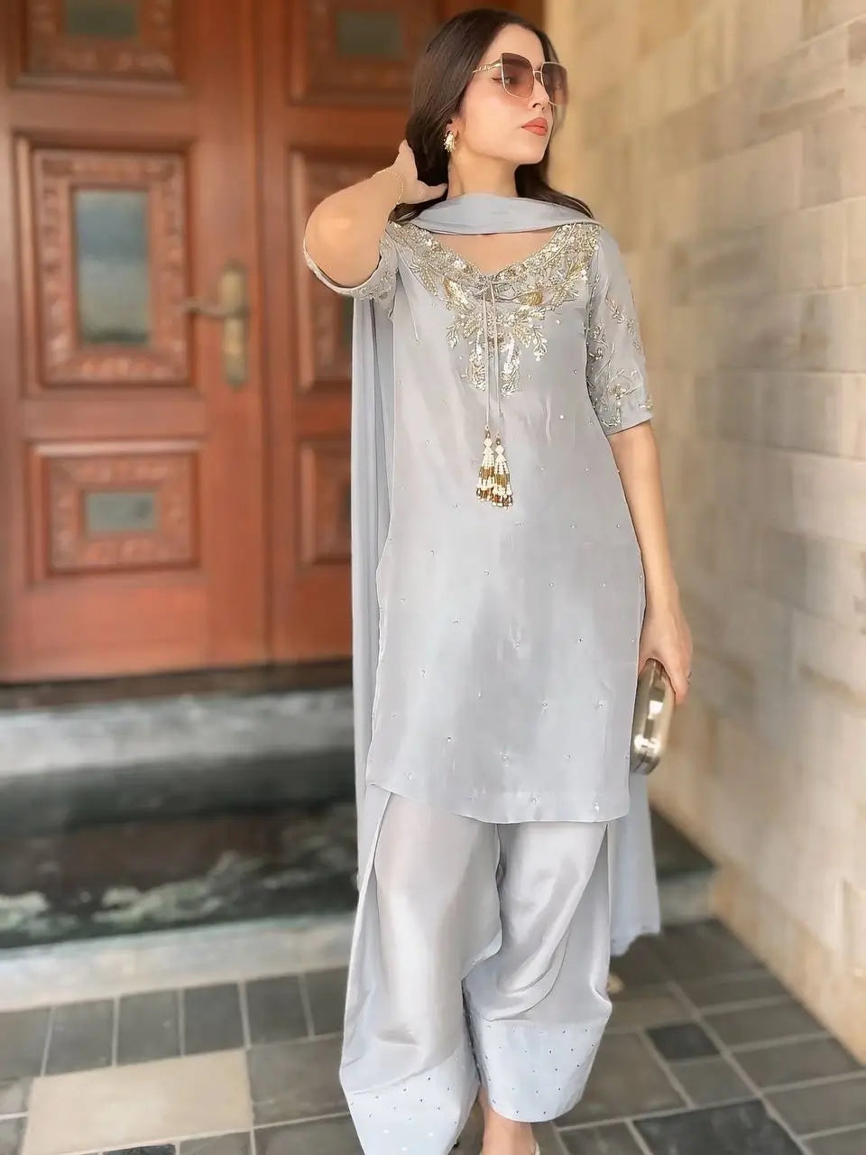 Silver Grey Pure Natural Crepe Farshi Palazzo Set with Hand Embroidery & Tassel Detailing