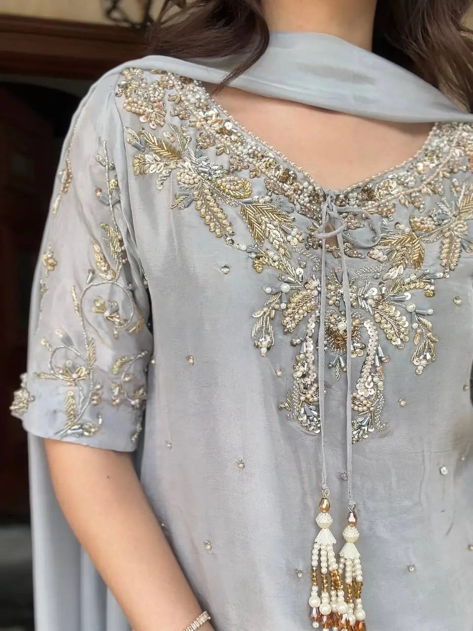 Silver Grey Pure Natural Crepe Farshi Palazzo Set with Hand Embroidery & Tassel Detailing